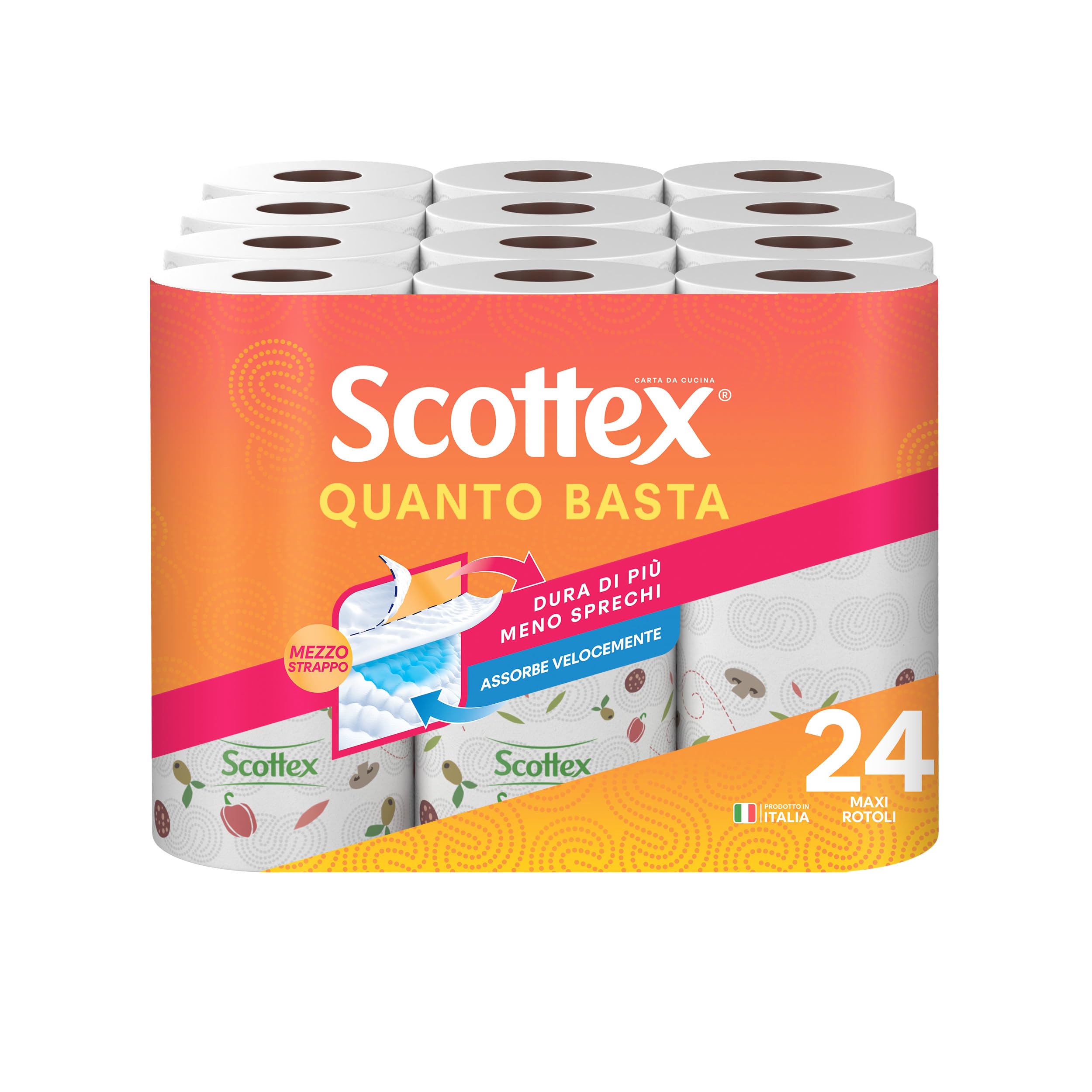 Scottex Quanto Basta, Carta Cucina, Opzione Mezzo Strappo, Con Carta certificata FSC, Confezione da 24 Maxi Rotoli