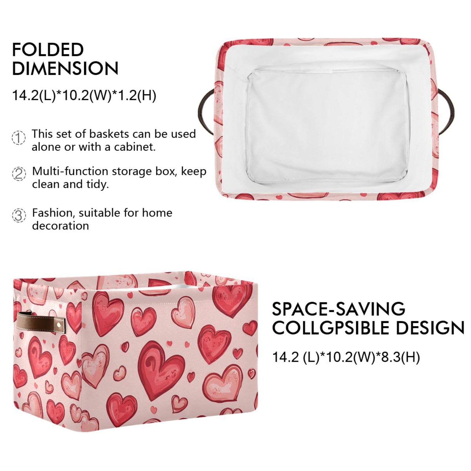 PaChyLuu Red Hearts Storage Basket Bin Canvas Fabric Organizer Toys Basket with Handles for Home Office Nursery, Clothes, Gifts, 1 Pcs