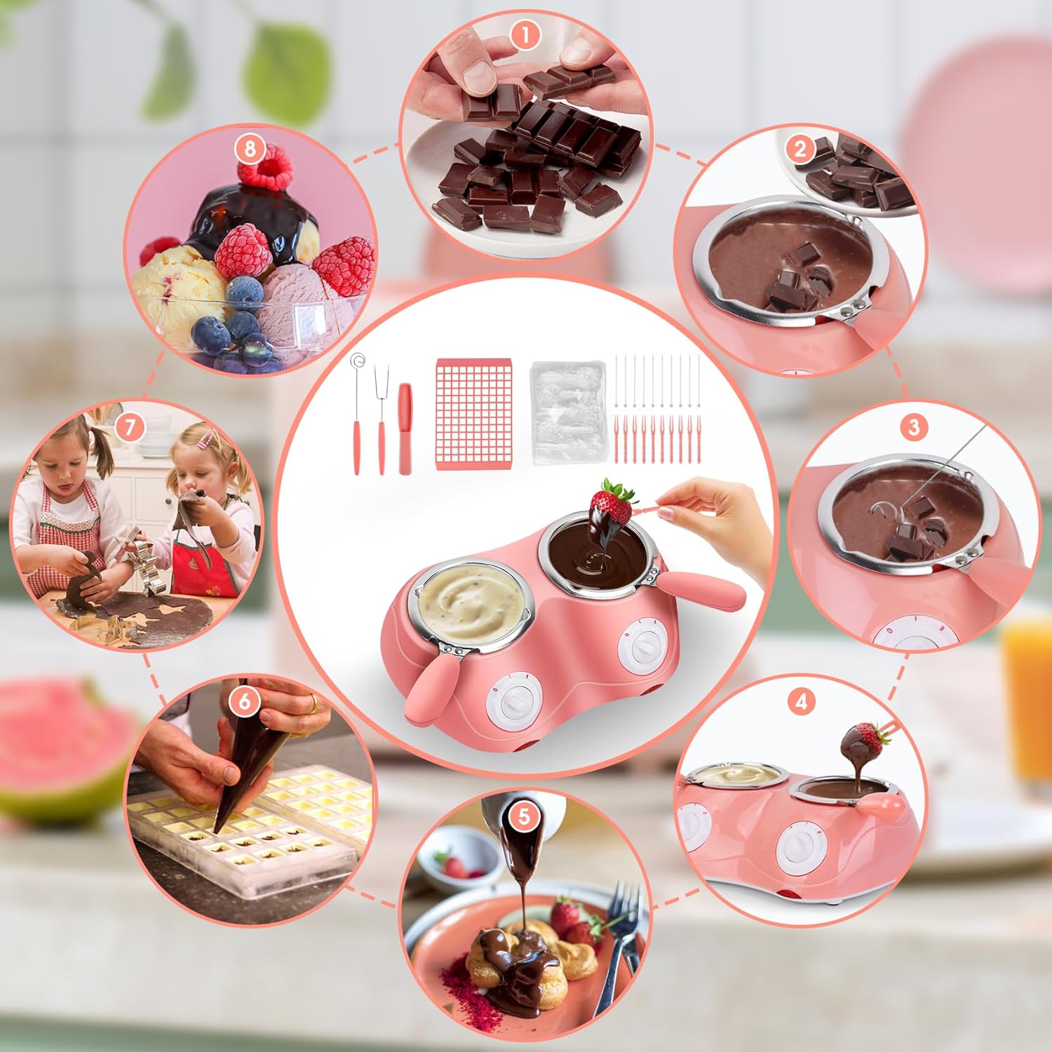 Chocolate Melting Pot, Electric Chocolate Fondue, Mini Fondue Candy Maker with Double Melting Pot for Milk Chocolate, Cheese, Butter, Candy