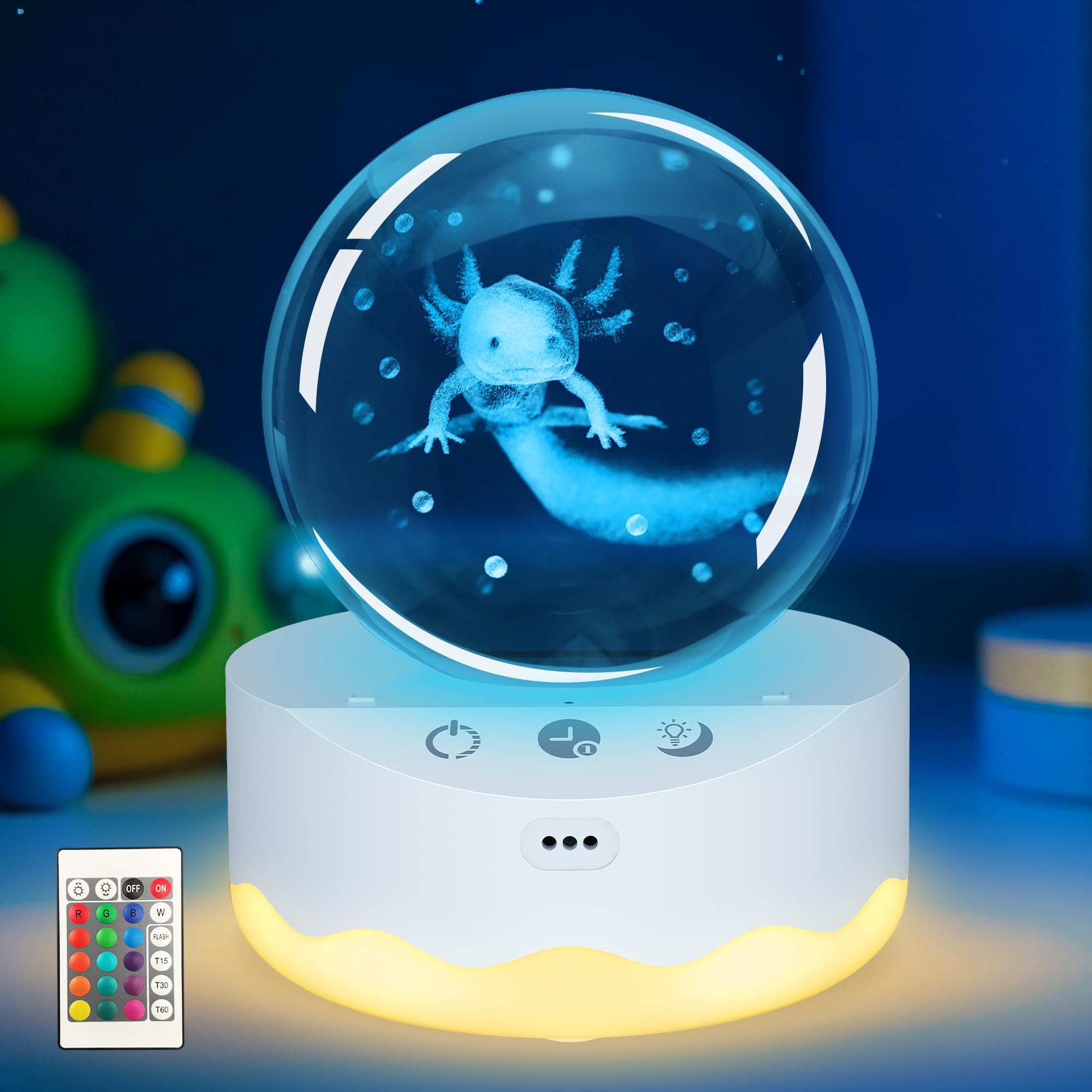 Ammonite Axolotl Crystal Ball with LED Base, Clear 70mm Glass Art for Kids' Birthday Gifts