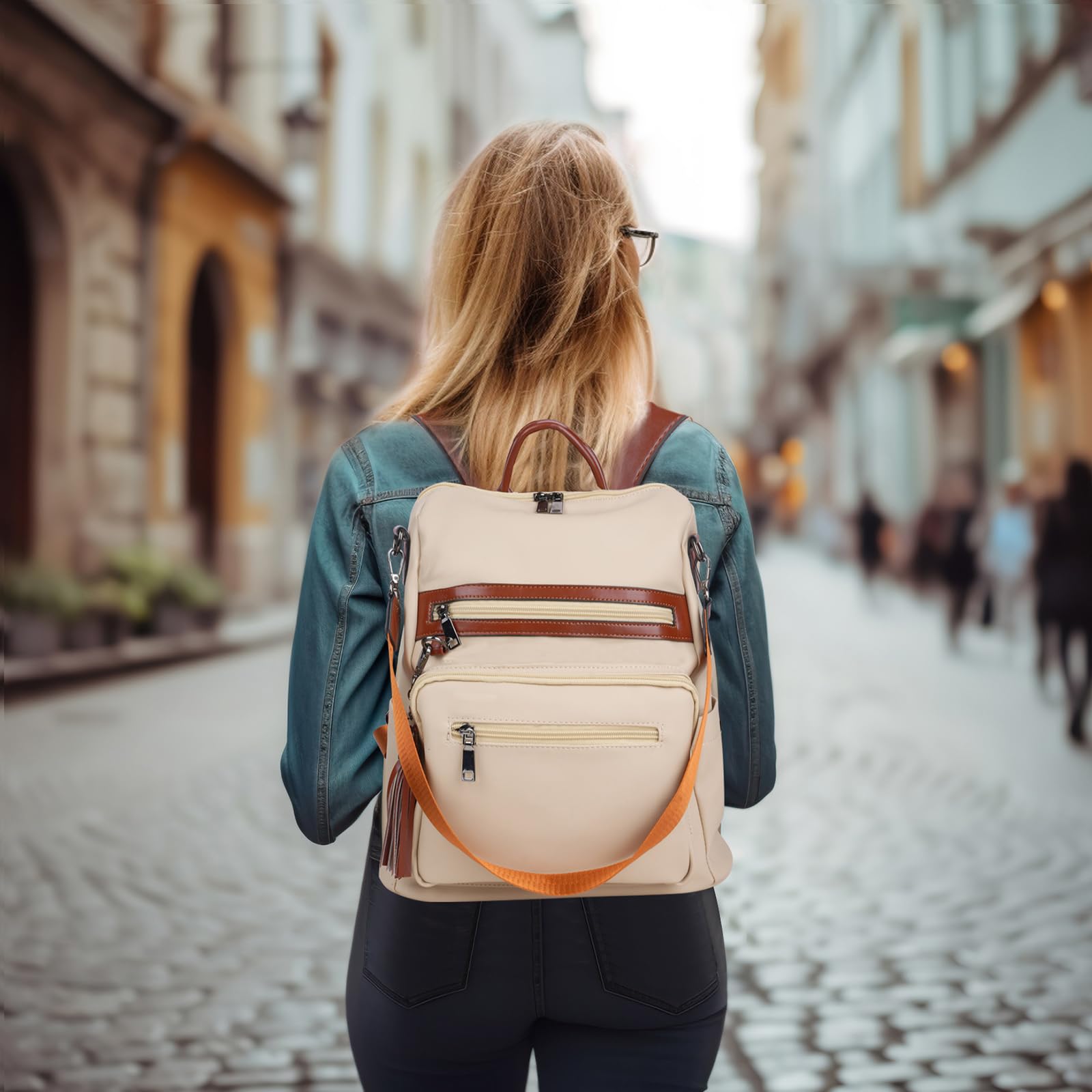 Bolso Mochila de Mujer Cuero Sintético Bolsa de viaje Bolso de Hombro Bolso Escolar de Cremalleras con Bolsillos Laterales con Borlas Viajes