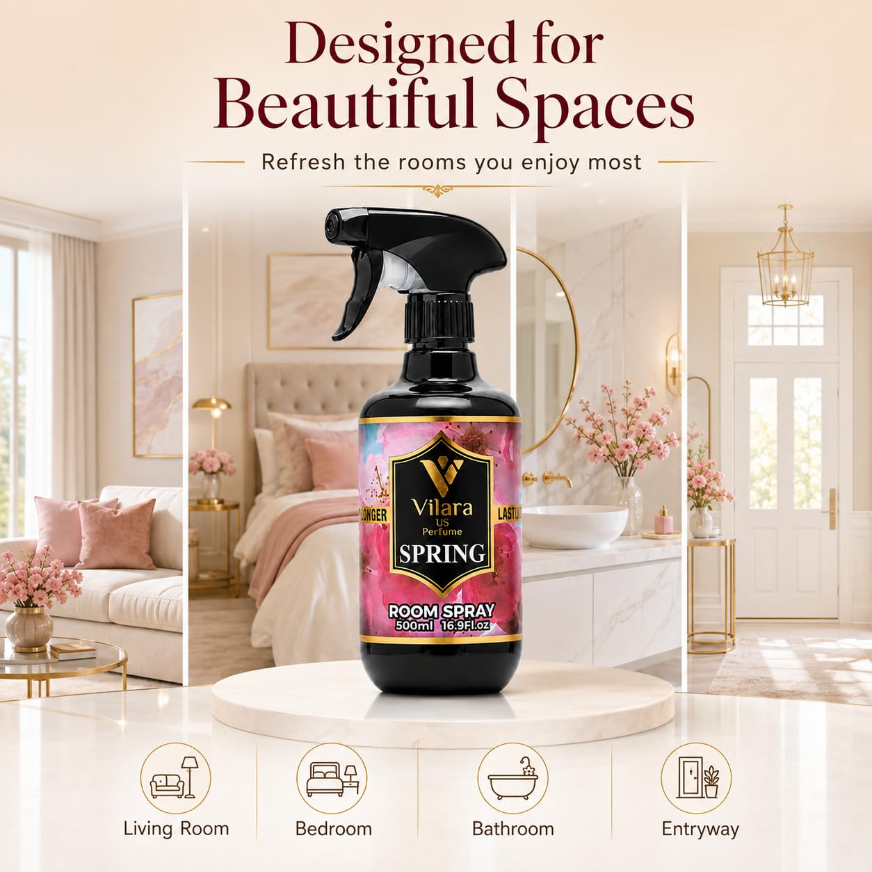Vilara US Room Spray Freshener – Long-Lasting Luxury Perfume Scent, Linen & Fabric Spray for Bedding, Furniture, Home & Bedroom Aromatherapy – 16.9 fl oz (Spring) 500ml : Home & Kitchen