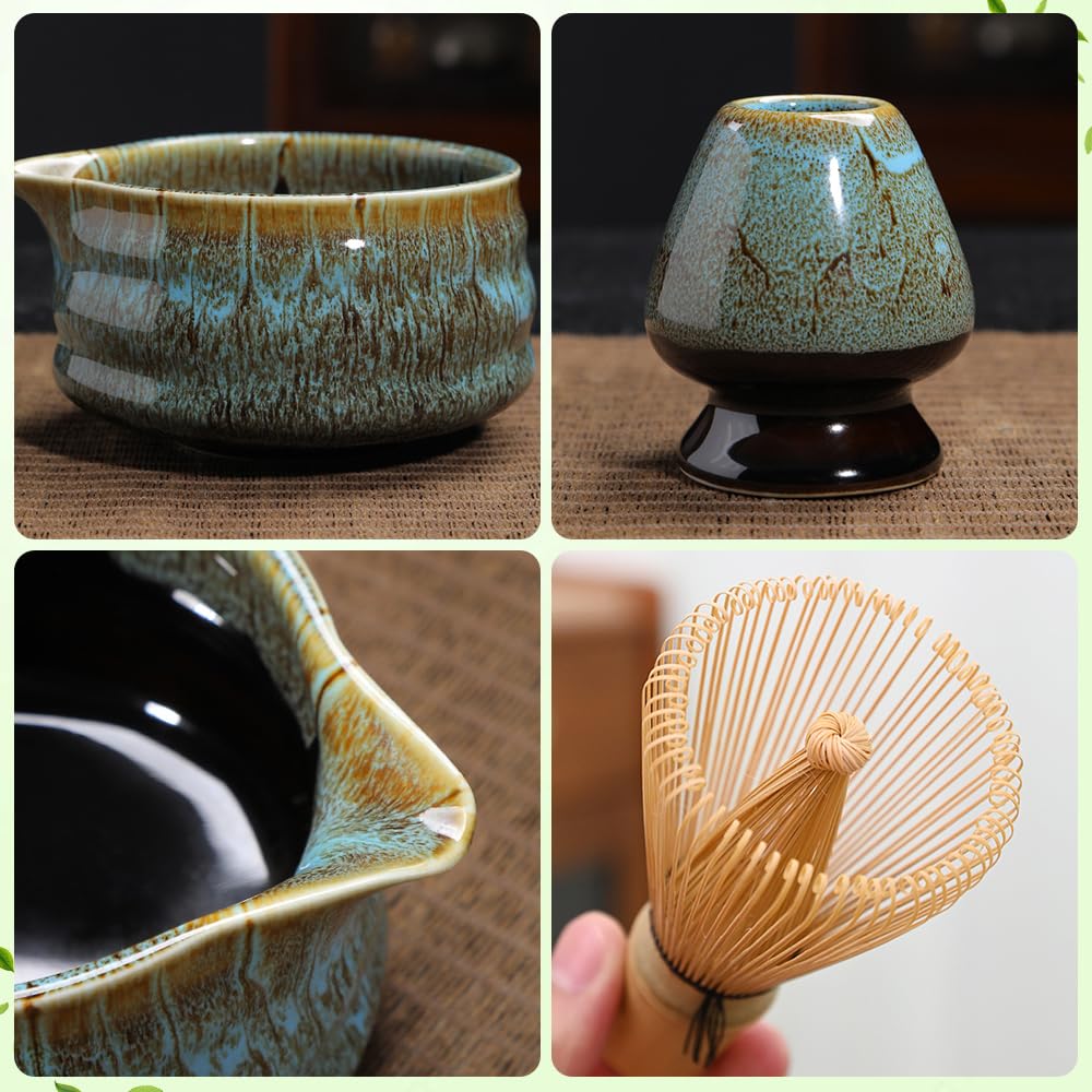 Set 4 Pezzi Matcha Regalo Set Completo Per Matcha - 4 Pezzi: Frusta In Bambù, Cucchiaio, Ciotola Ceramica E Portafrusta, Per Cerimonia Del Tè Giapponese Set Per Matcha Completo
