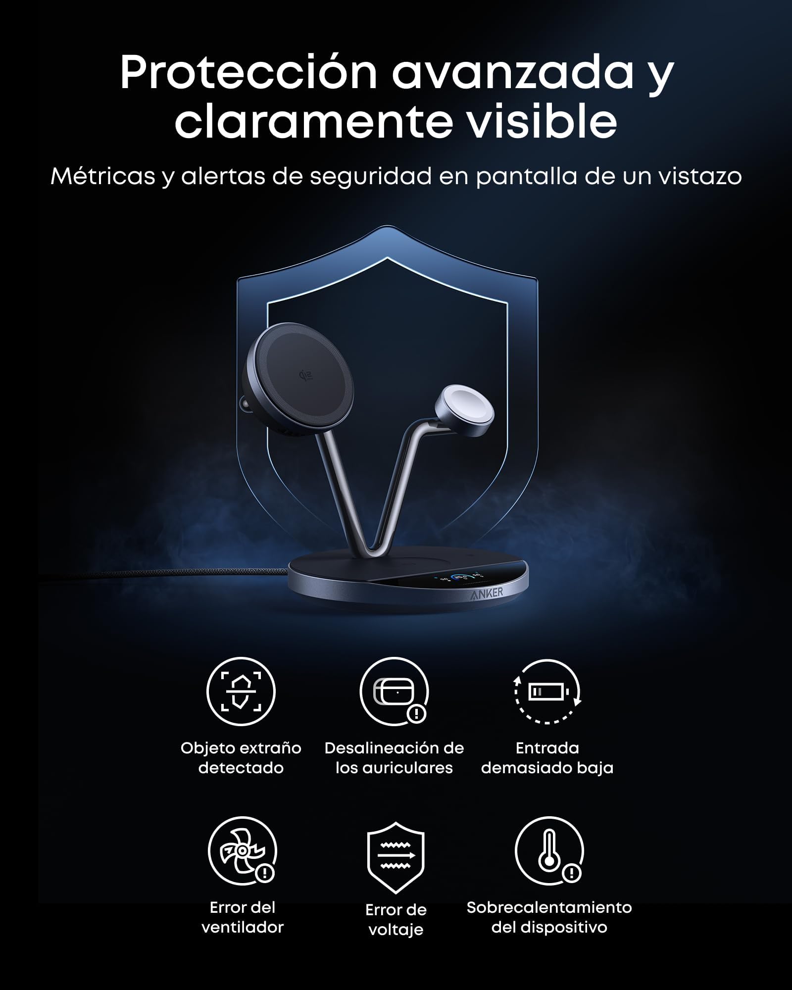 Anker Prime Cargador Inalámbrico iPhone 3 en 1 Qi2 25W Pantalla Inteligente | MagSafe compatible, enfriamiento activo TEC, pantalla inteligente. Para iPhone 17-12, Apple Watch, AirPods y más.