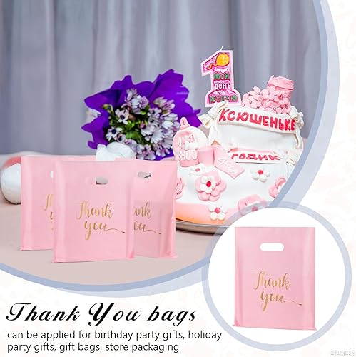 Miniatura 5 de 200 bolsas de agradecimiento de plástico rosa para pequeñas empresas, bolsas de regalo de plástico con asas y logotipo dorado de agradecimiento para