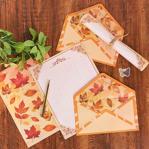 Miniatura 6 de AnyDesign 48 piezas de papel de papelería de otoño con hojas de otoño y 24 piezas de sobres autosellantes, papel impreso en acuarela de Acción de