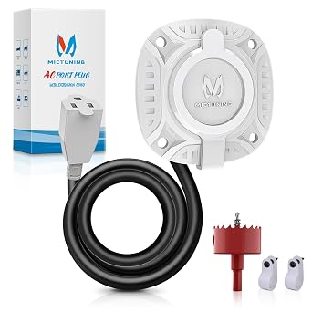MICTUNING 15A 20 Inch AC Port Plug with Heavy Duty Integrated Extension Cord with Water Resistant Cap and Hole Saw- White