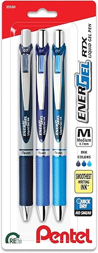 EnerGel RTX - Bolígrafo retráctil de gel líquido, 0.028 in, tono para tomar notas, tinta azul marino, azul y azul cielo, paquete de 3 bolígrafos