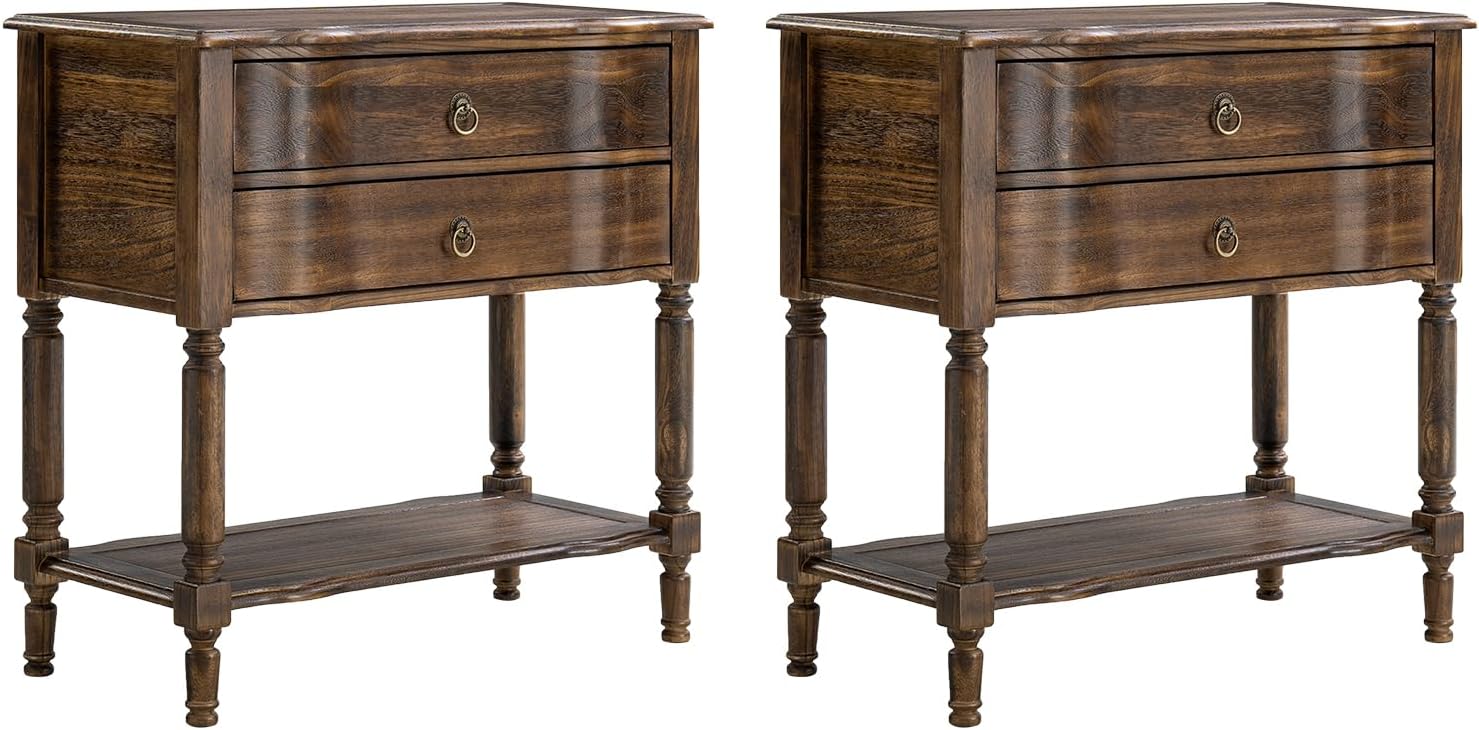 HULALA HOME End Table with Charging Station, Solid Wood Side Table with 2 Drawers & Open Shelf, Vintage Finish, Spindle Legs(Walnut, Set of 2)