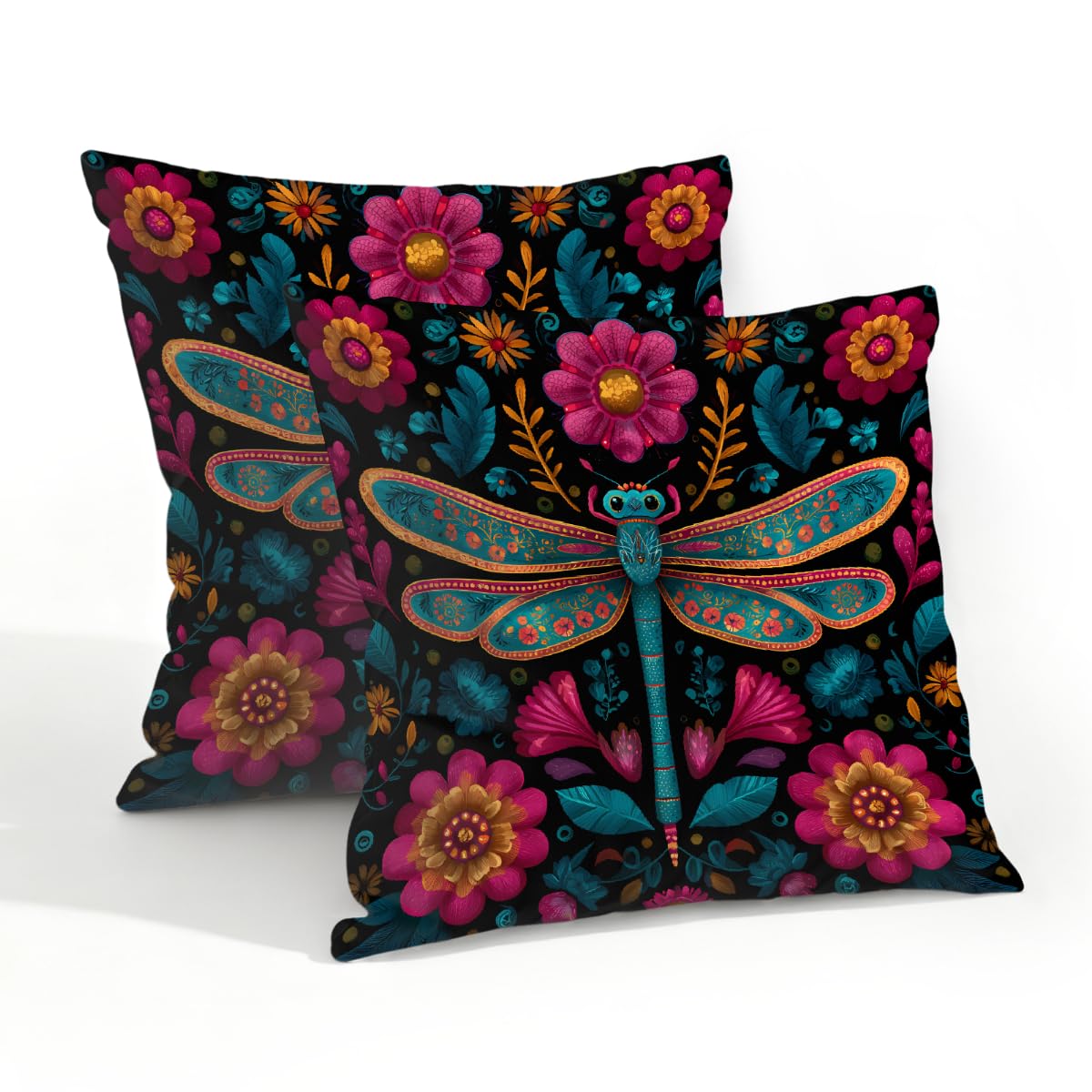 Outdoor Pillow Covers Waterproof Pillowcases 20x20in Set of 2 Colorful Floral Dragonfly Decorative Throw Cushion Case for Couch Sofa Garden Patio Furniture