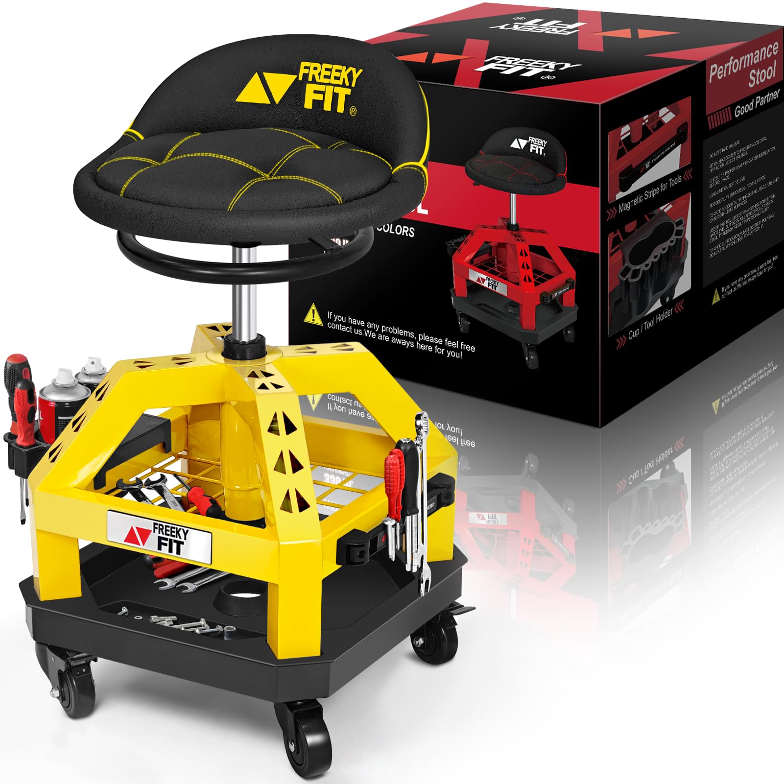 Rolling Shop Stool for Garage with Casters, DO02-Adjustable Height 360° Swivel Shop Seat with Tool Tray Storage, 330 LBS Capacity Padded Mechanic Stool, Magnetic Tool Hold, Heavy Duty,Yellow