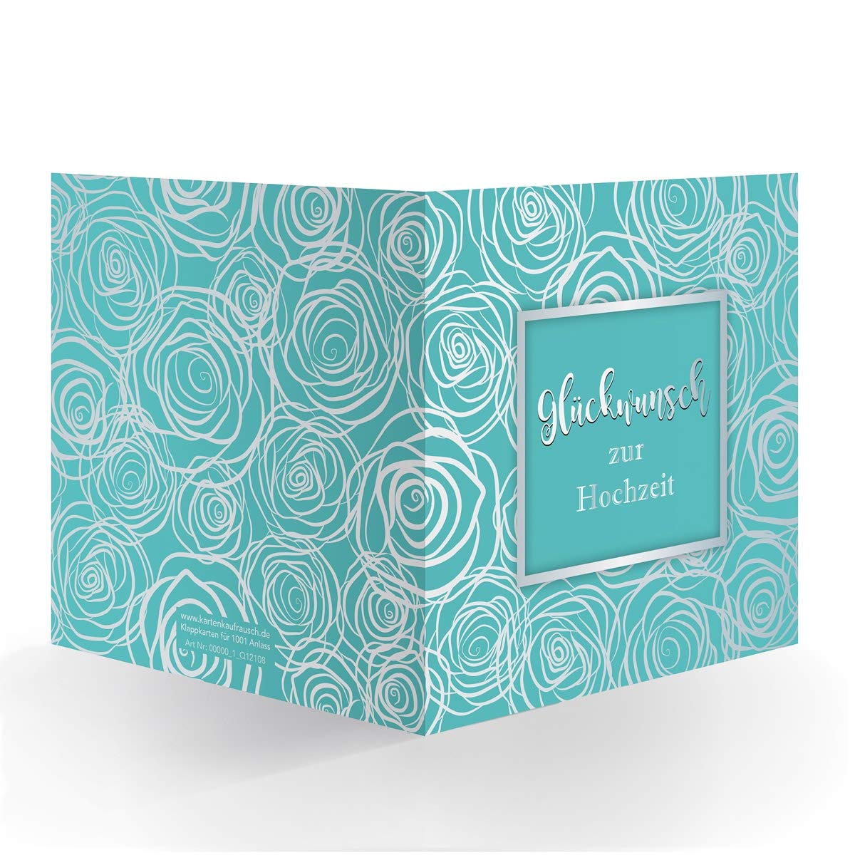 Kartenkaufrausch 12 x Frische Hochzeitskarte türkis mit Rosen Blüten modern üppig in Silber Optik (quadratisch, 15,5x15,5cm inkl Umschlag) Glückwunsch zur Hochzeit- große XL Karte