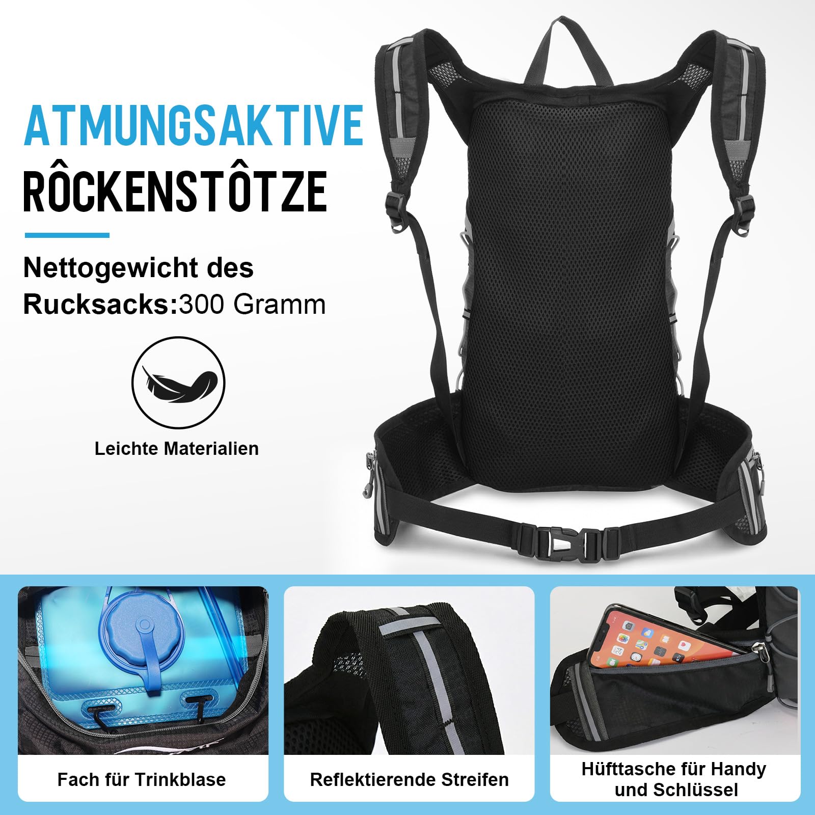 JIANYANA 2L Hydration Rucksack,Falbarer Trinkblasen-Rucksack,Helmtragesystem,Helmtasche aus Mesh,Ultraleichtes und atmungsaktives Design 550g Leichtgewicht,für Wandern,Radfahren,Laufen,Camping,Pendeln