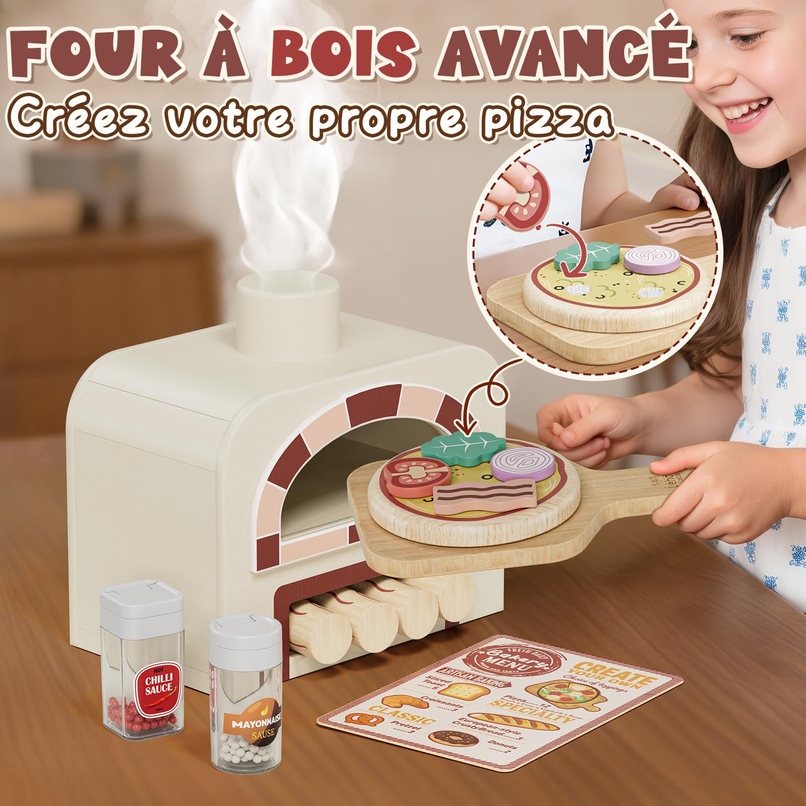 Lehoo Castle Accessoire Cuisine Enfant, Pizza Bois, Cuisine Enfant en Bois, Dinette 3 Ans, Jouet Éducatif Éveil Montessori | Ensemble de nourriture pour enfants de 3, 4, 5, 6, 7, 8 ans, cadeau pour fille et garçon