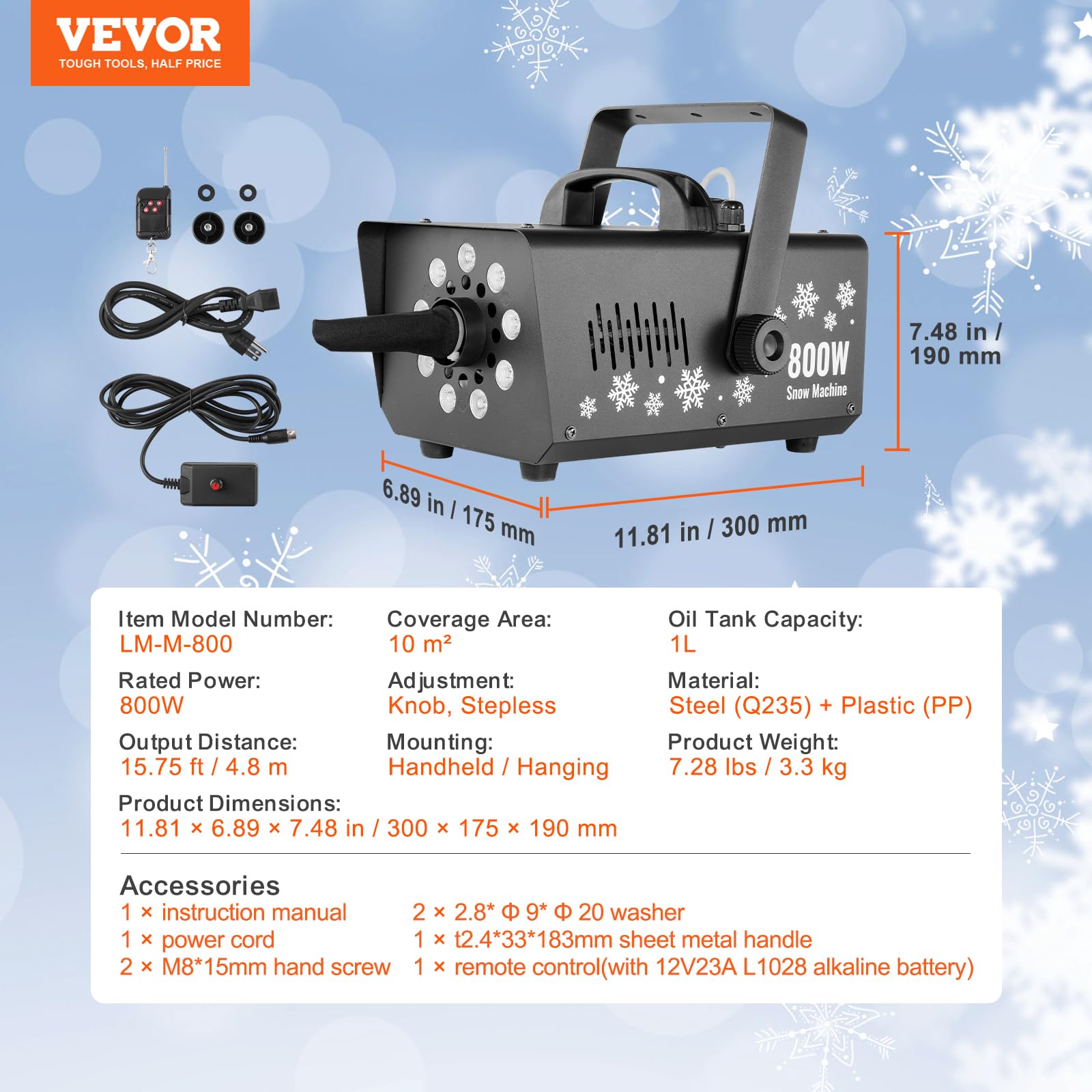 VEVOR Macchina per Neve 800 W, Macchina per Produzione di Neve Portatile Appesa Luce LED Serbatoio da 1 Litri, Macchina per Fiocchi di Neve con Telecomando, Macchina per Neve Finta per Feste Eventi