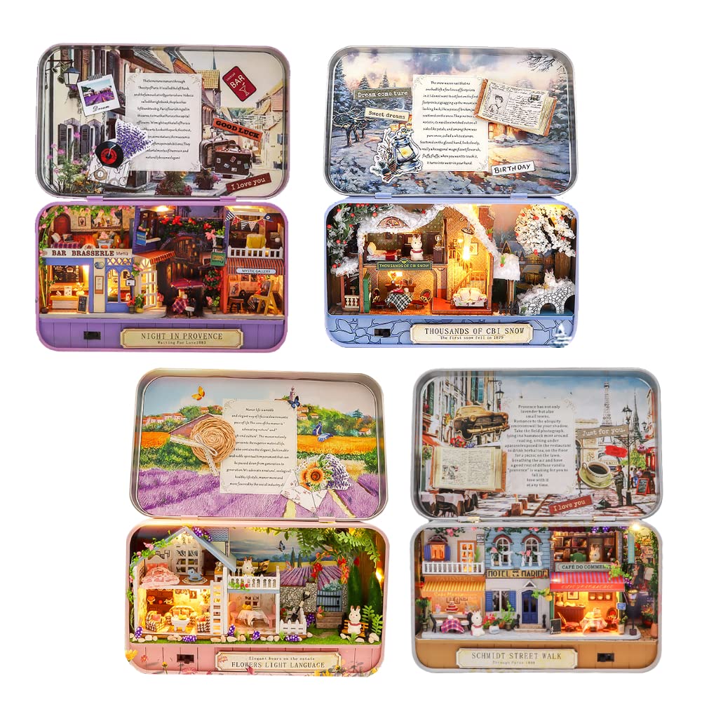 Box Theatre Doll House Miniature Wooden Dollhouses Puzzle Led Light Handmade Assembled Toy DIY Dollhouse Kit for Kids (4PC)
