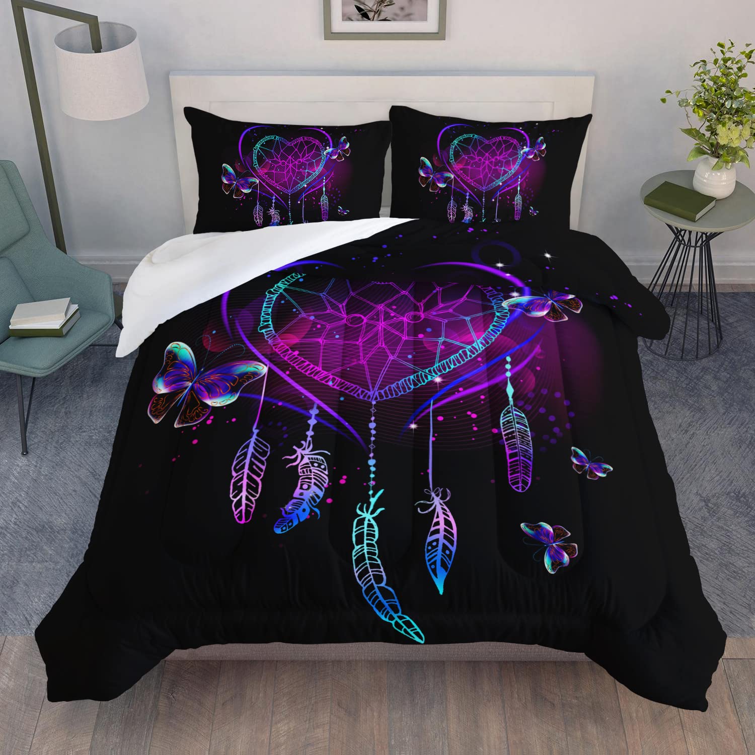AILONENNeon Love Comforter Set Queen Size, Valentine Gift Crystal Purple Butterfly Plume Design Bedding Set,Black and Purple Bedroom Decor Print Quilt 3Pcs (1 Comforter+ 2 Pillowcases)