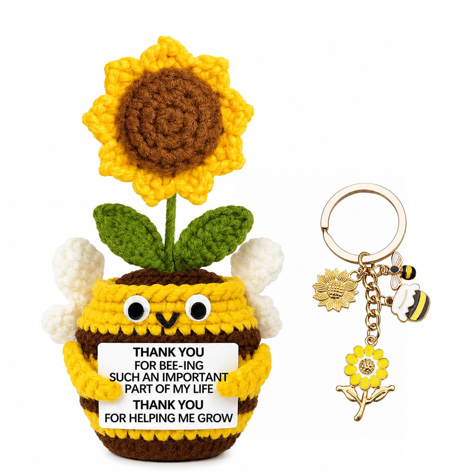 Vspek Positive Crochet Sunflower Doll, Handmade Knitted Bee Doll, Bee Keyring, Thank You Gift for Teacher, Women, Mother, Friend, Coworker, Inspirational Appreciation Gifts, Home Office Desk Décor — image 1