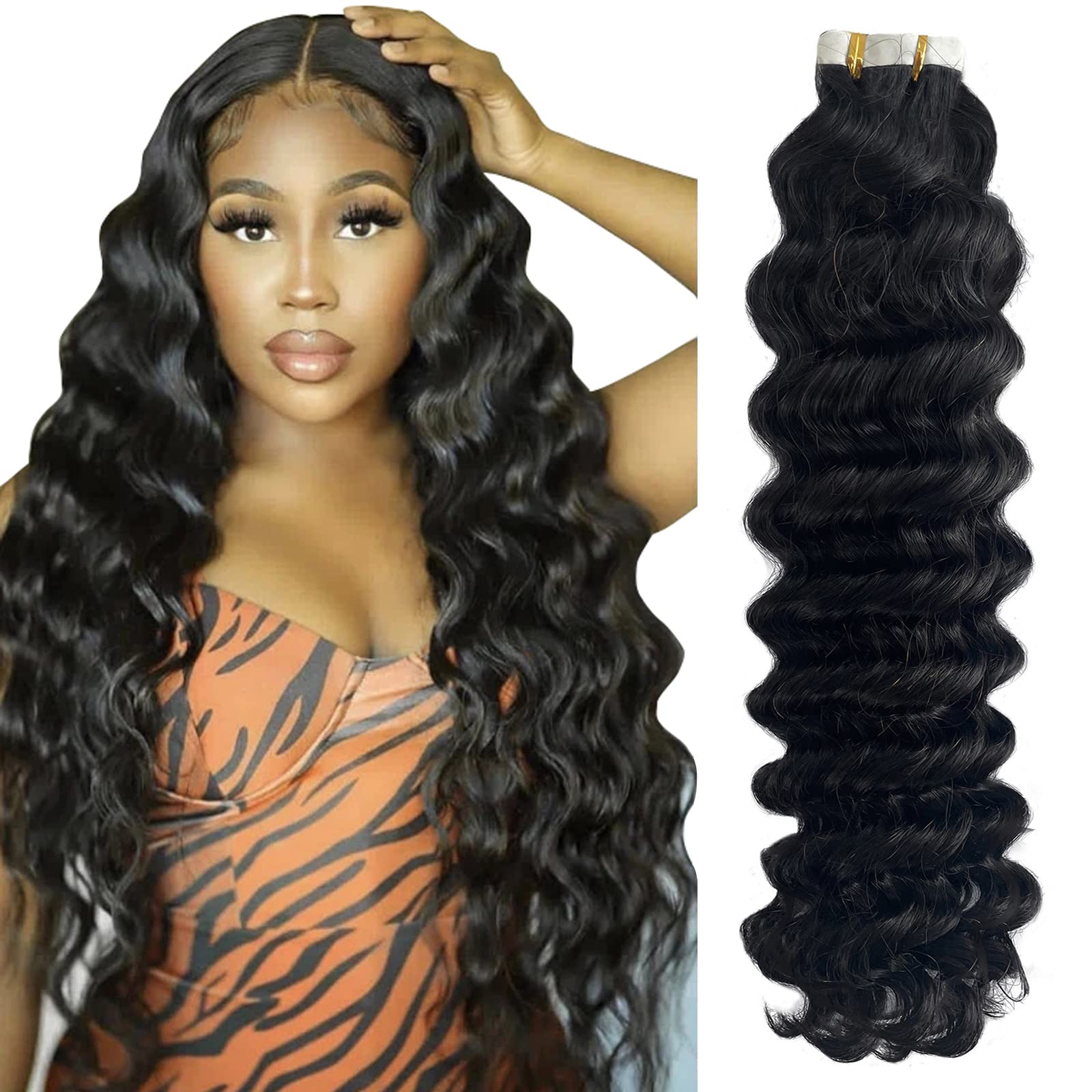 16 Inch Tape in Hair Extensions Human Hair Water Wave Curly 50G 20Pcs MY-LADY 20PCS Wavy Curly Tape in 100% Real Human Hair  main image 4