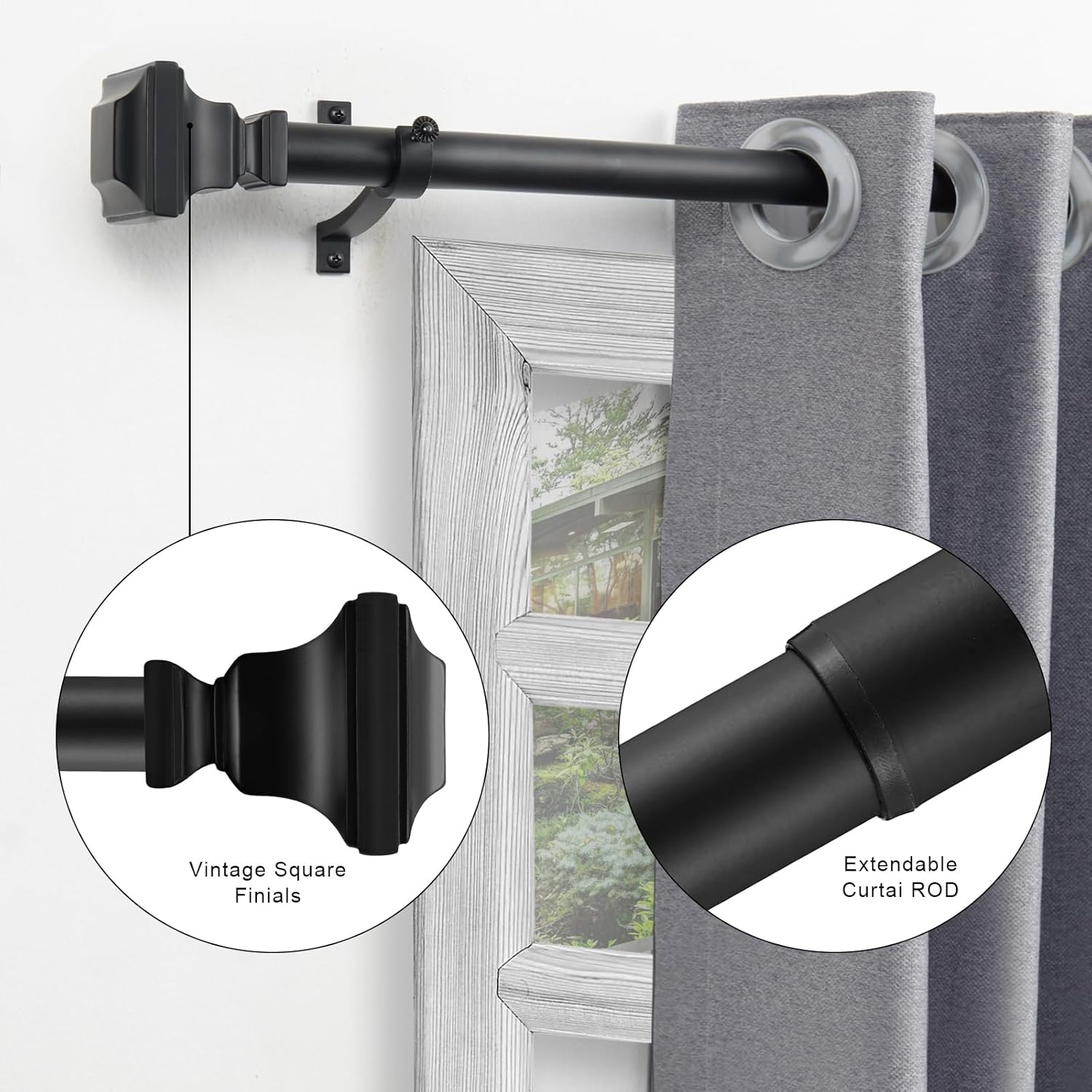 Single Curtain Rods for Windows 72 to 144 Inch(6-12ft),1 Inch Diameter Adjustable Heavy Duty Drapery Rods,with Vintage Square Finials,Premium Aluminum Brackets,Matte Black