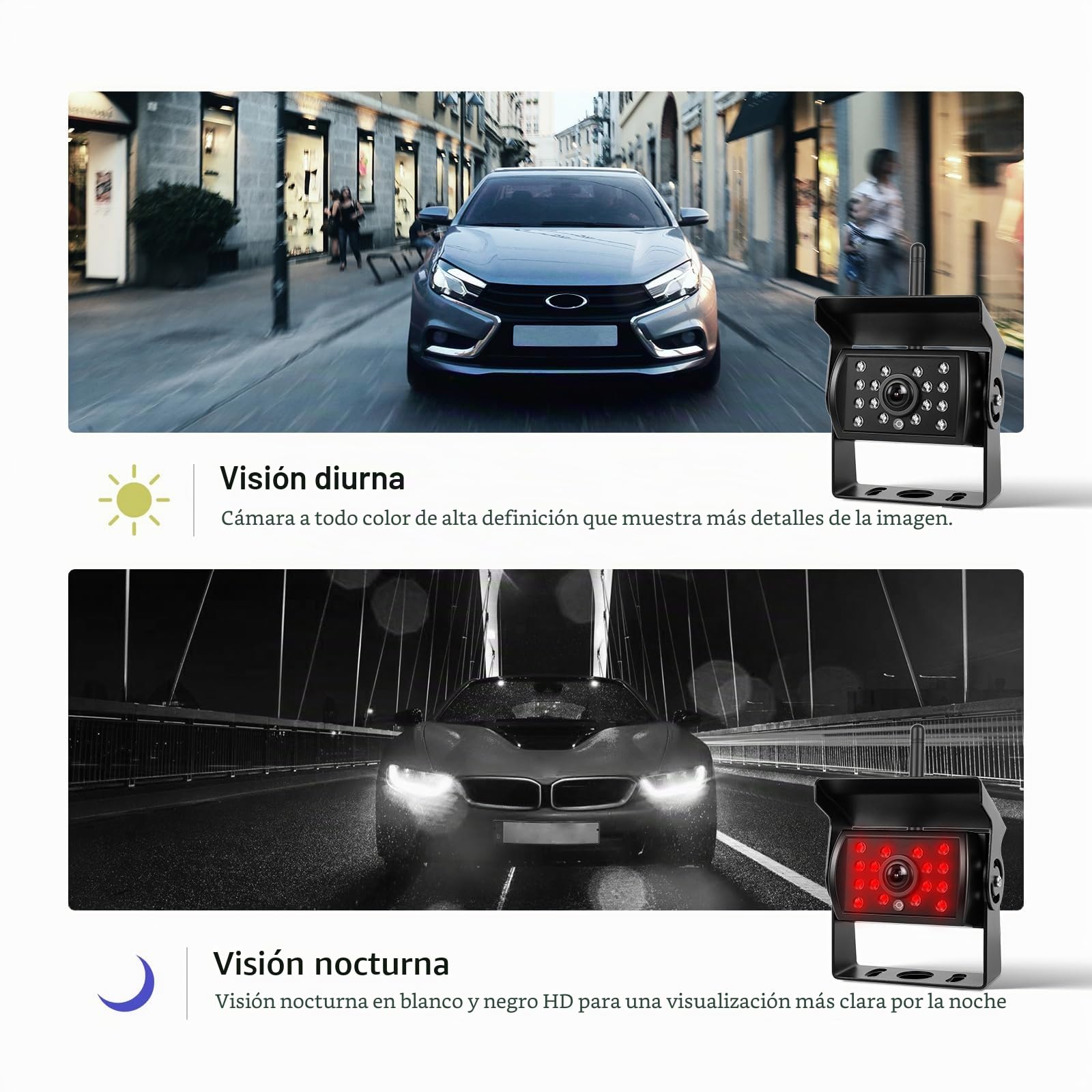 Kit Cámara Marcha Atrás Inalámbrica 2 Cámaras, Pantalla 7 Pulgadas, Visión Nocturna, IP67 Impermeable, DC 12‑36V para Camión, Autobús, Caravana, Remolque, Vehículo Recreativo