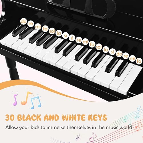 Miniatura 3 de Goplus Piano clásico de 30 teclas para niños, mini piano de cola de madera para aprender a tocar instrumento musical con banco, tapa de piano,