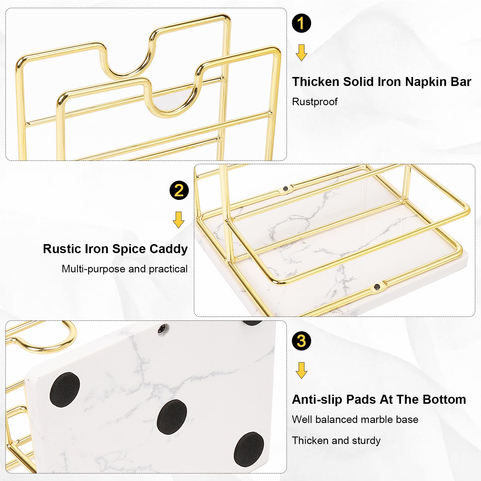 Livabber Servilletero con base de mármol, servilletero de metal con salero y pimentero, moderno dispensador de servilletas con estante de condimentos para especias para mesa, cocina, encimera (dorado)