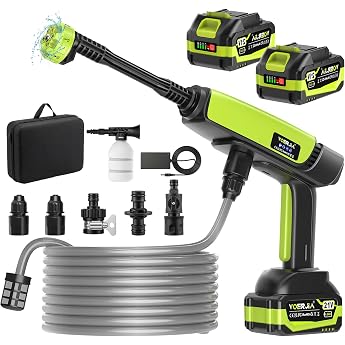 VOERJIA Battery Pressure Washer 21 V 70 Bar with LED Battery Level Indicator 2 x 4.0 Ah Batteries 400 L/h 6-in-1 Nozzle for Car Bike Patio & Camping Green