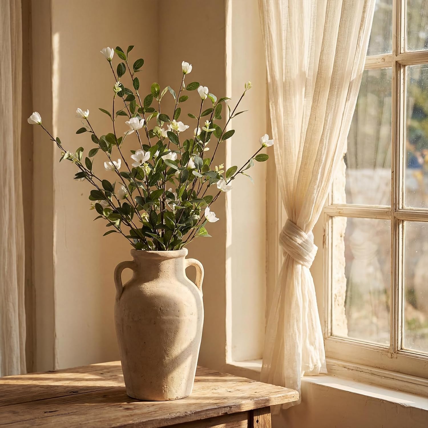 Giegxin 32 Inch Spring Artificial Blossom Branches Fake Spring Cream Blossom Branch 3 Pcs Faux Wild Petunia Flower Stems Bush Long Branches for Vase Floral Arrangement Wedding Party Decoration