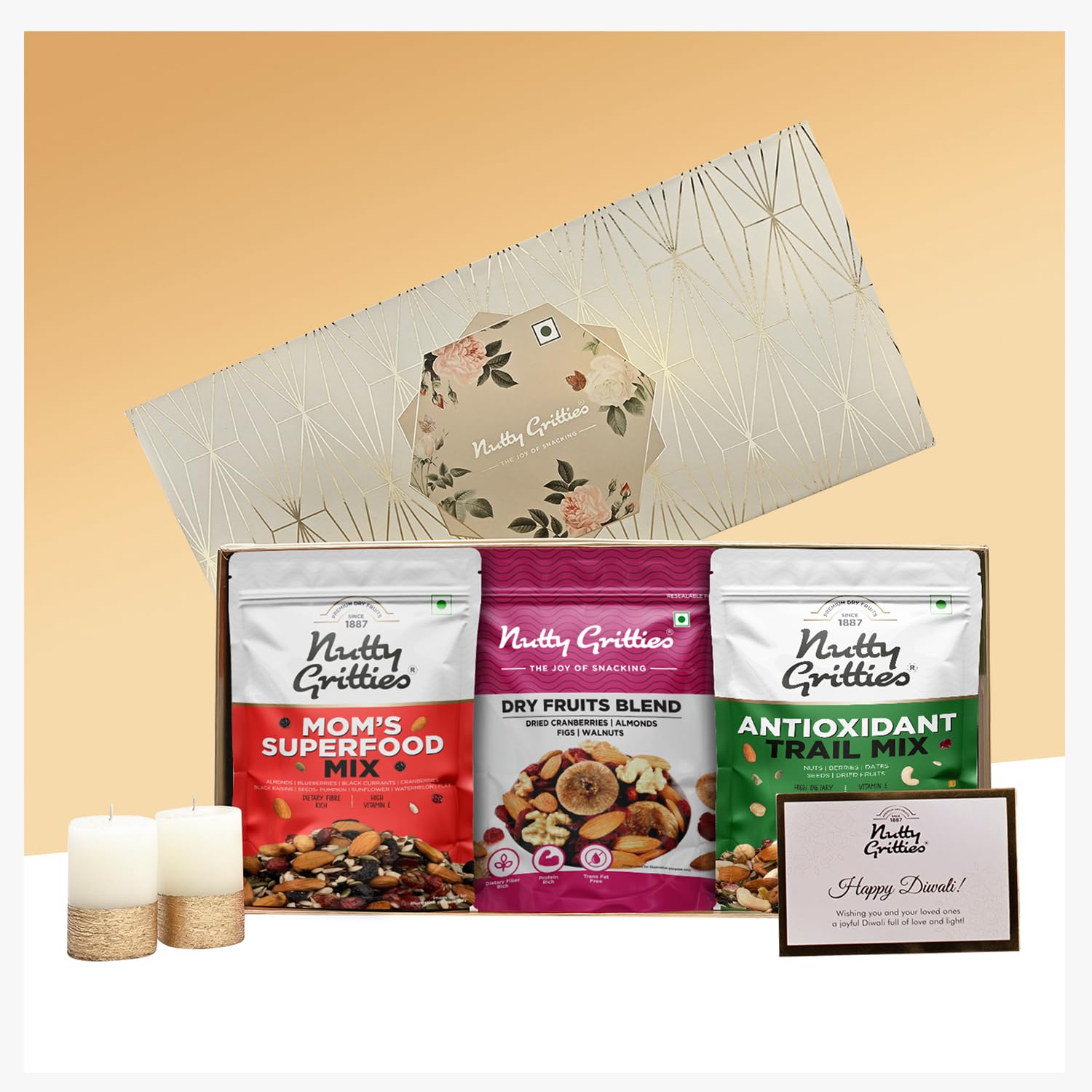 NUTTY GRITTIES Platinum Hamper Premium Dry Fruits Combo Gift Box 600G - Antioxidant Trail Mix, Dry Fruit Blend Moms Superfood Mix (Each Pack 200G), Healthy Gourmet Snacks Friend, Corporate (B0B68VXQTT) Amazon Price History, Amazon Price Tracker