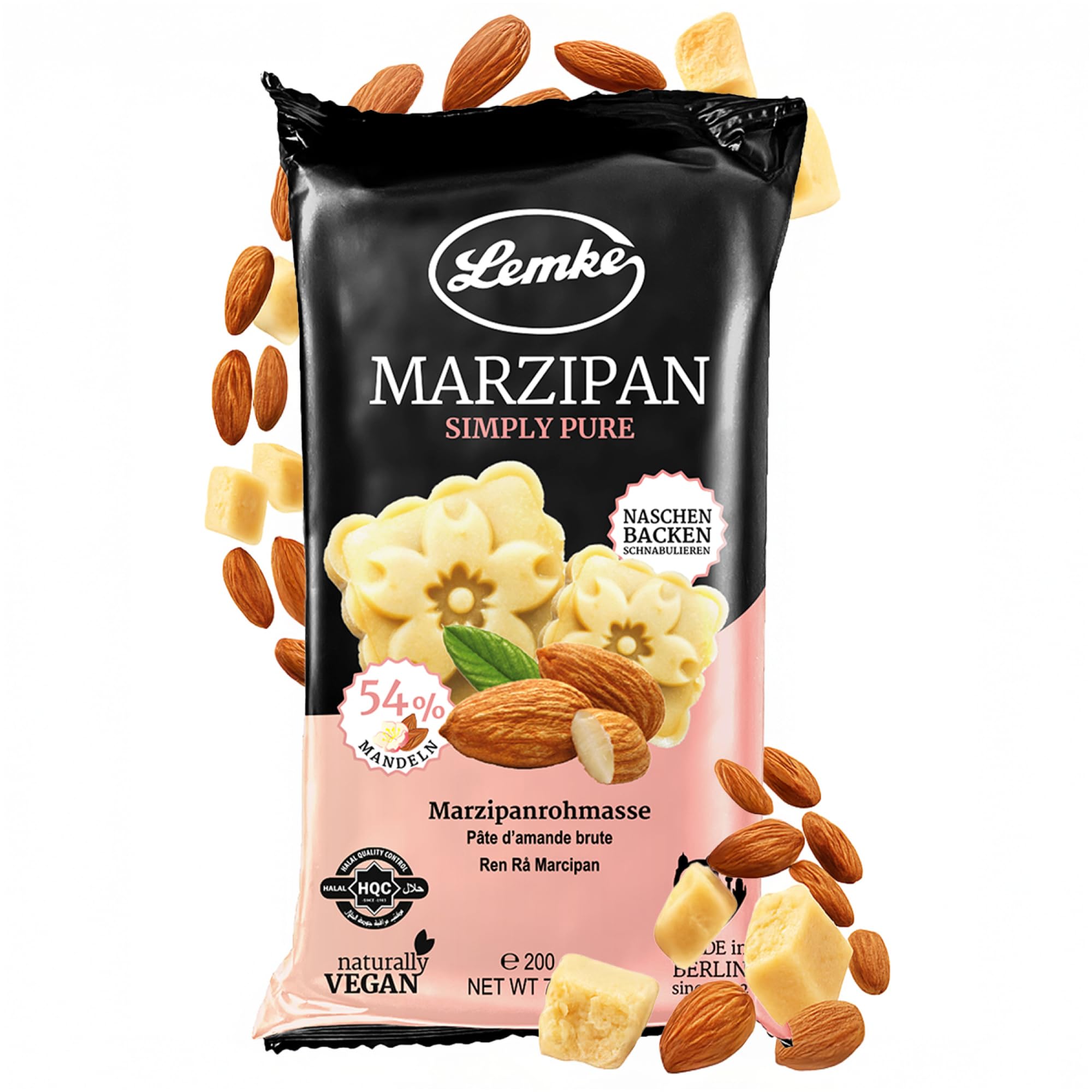 Lemke Simply Pure - Mazapán en bruto (200 g, mazapán fino de Berlín crudo sin alcohol, 54% de almendras, masa cruda para hornear, para bombones y postres, natural y puro placer)