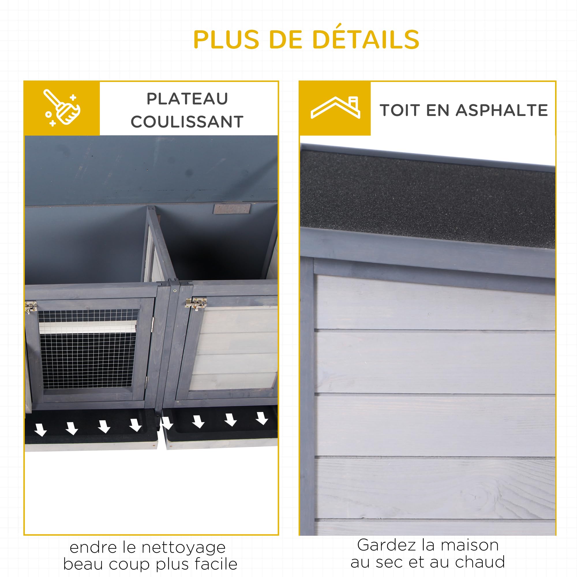 PawHut Clapier sur Pied Cage à Lapin avec Toit bitumé ouvrant 2 Portes verrouillables 2 tiroirs à déjection coulissants mangeoire Bois de Sapin traité dim. 112L x 50l x 54H cm Gris et Noir