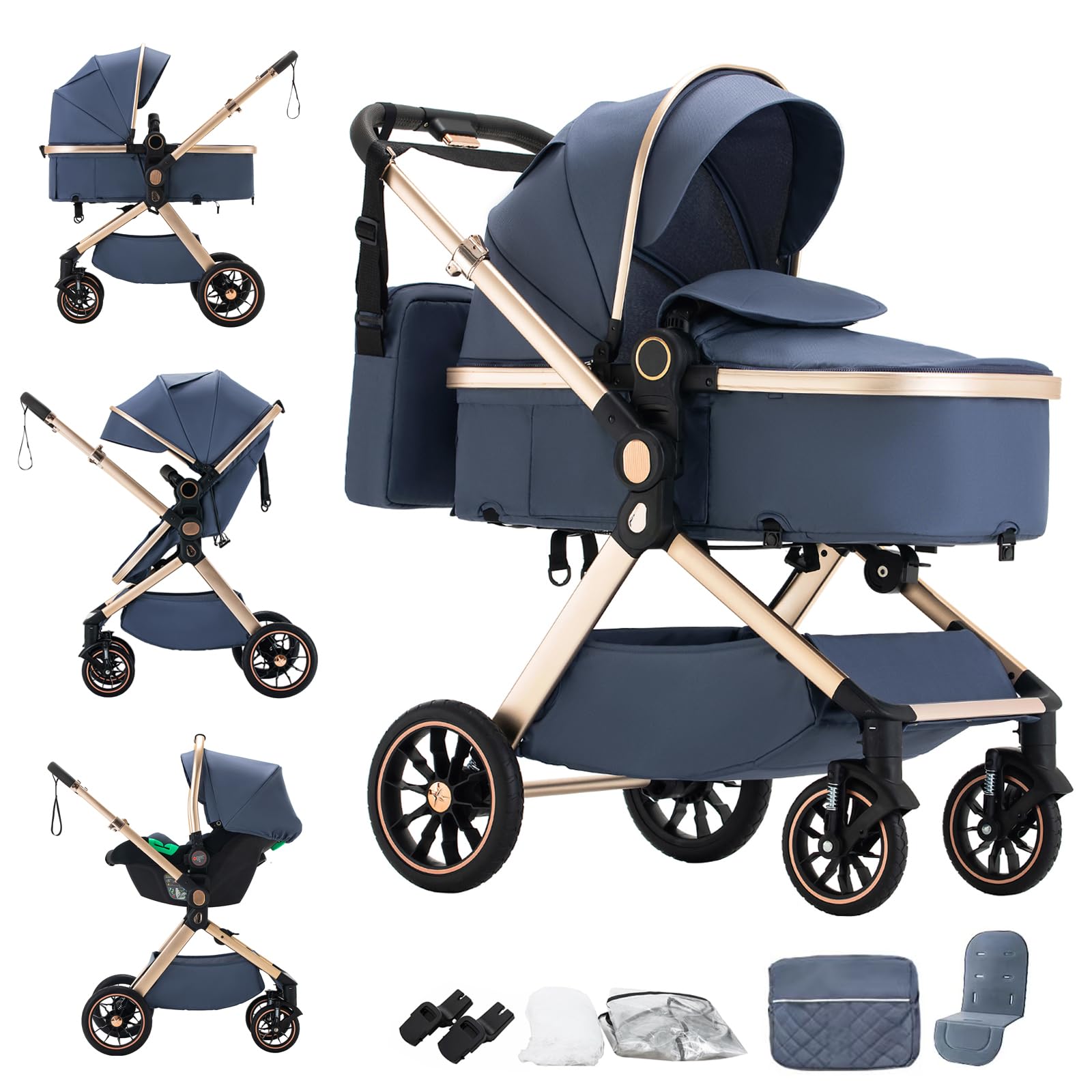 Mobayta 3-in-1 Complete pram Set, 0-4 Years, up to 22 kg, Combi pram Travel Systems for Newborns and Infants (BLUE-U9-X, U9-X)