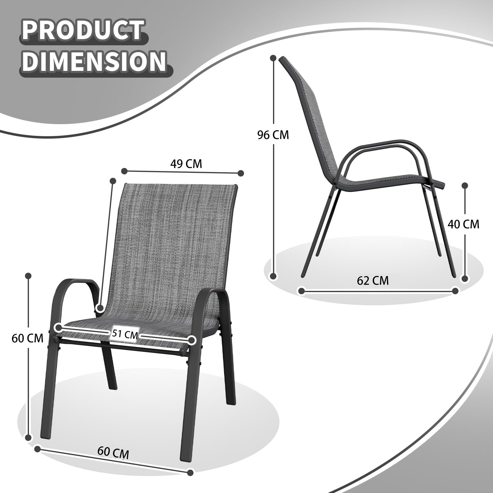 UDPATIO 6er Set Gartenstühle Stapelbare, 55cm Breiter Hochlehner Gartenstuhl, Stapelstühle aus Textilene, Atmungsaktive Terrassenstühle für Balkon, Terrasse, Garten, Grau