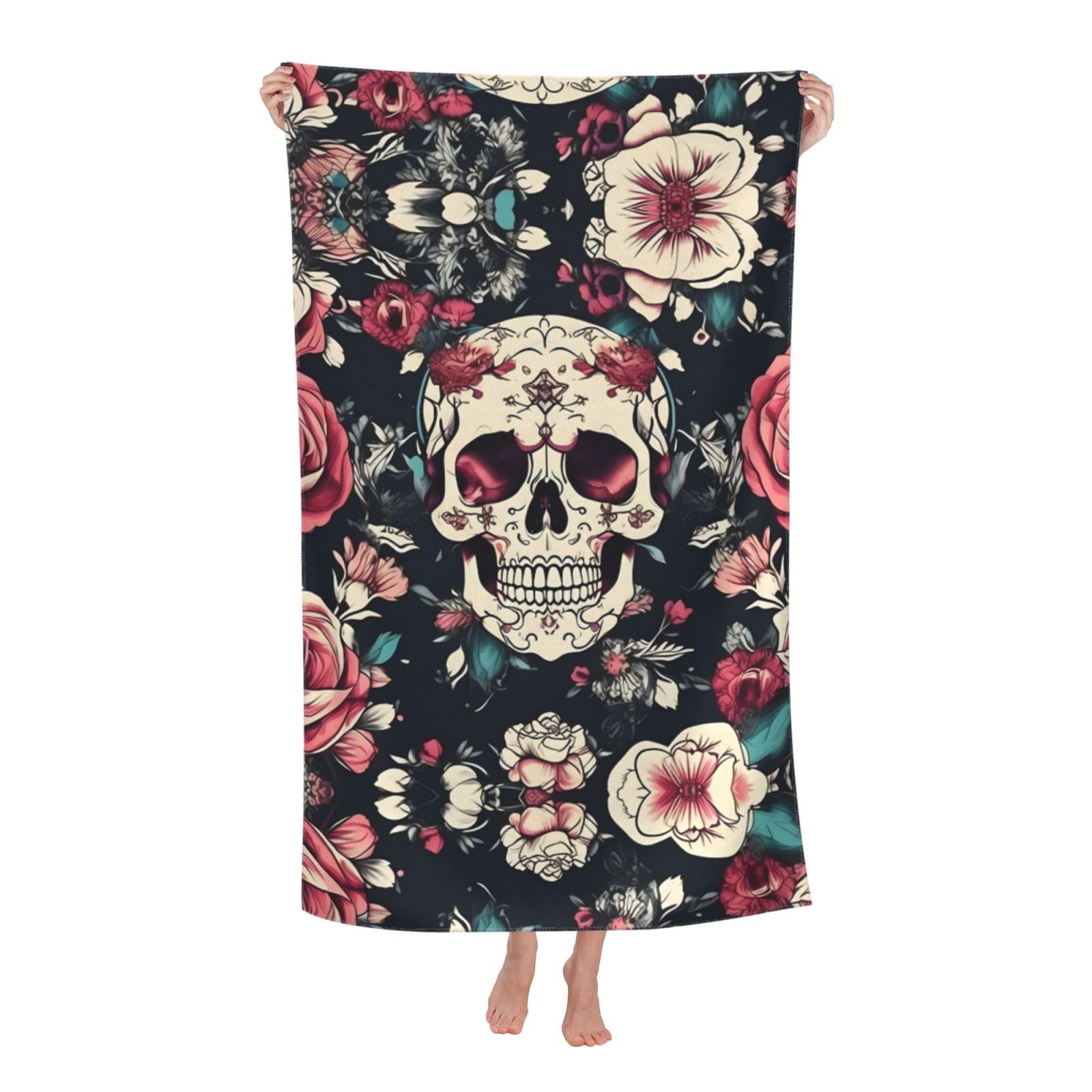 KPXXAQT Flowers Skull Ornamental Pattern Print Oversized Adult Beach Towel Quick-Dry Travel Swimming Camping Outdoor Adventures