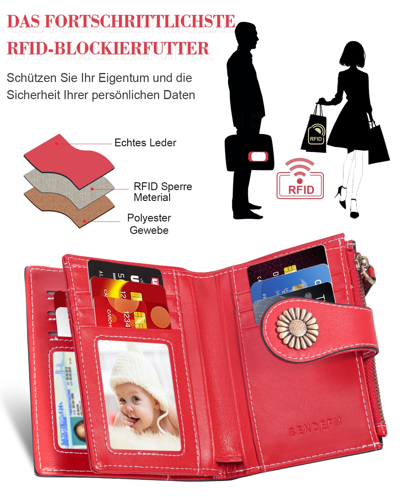 UNOSEKS Portafoglio da donna piccolo con protezione RFID, in vera pelle, con tripla portafogli da donna, Colore: rosso, M-03, Classico