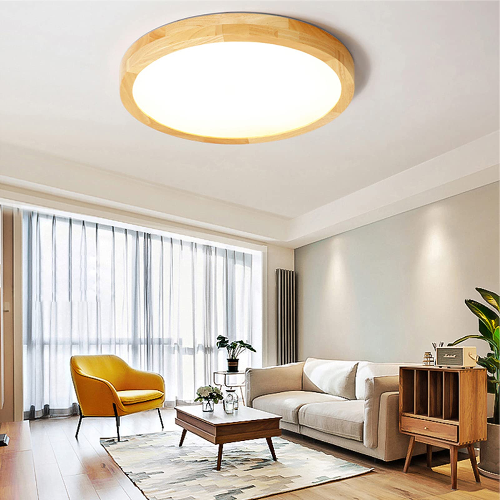 Plafonnier Led Bois 30cm Rond Blanc Luminaire Plafonnier 24W 2400LM