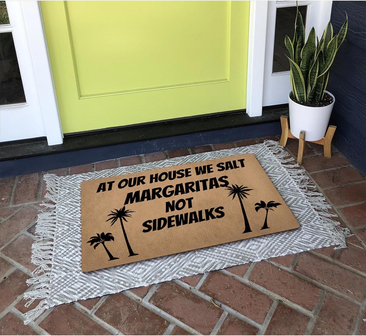 Funny Welcome Doormat For Entrance Way Indoor Front Porch Rugs At Our House We Salt Margaritas Not Sidewalks with Palm Trees Funny Home Decor Mat Anti-Slip Novelty Prank Gift Mats 23.7"(L) x 15.9"(W)