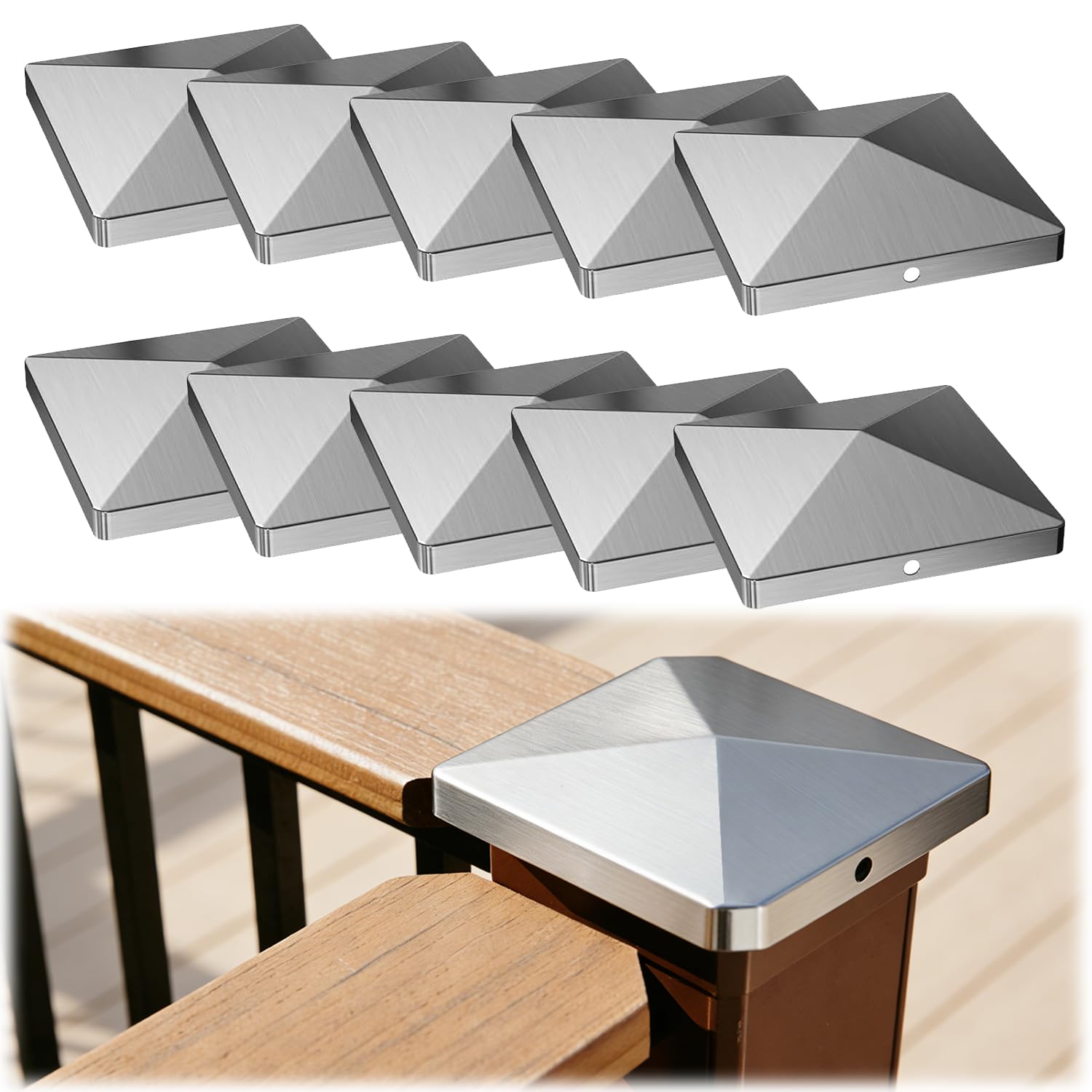 10Pcs Fence Post Caps, Square Stainless Steel Fence Toppers with Screws, Weatherproof Fence Post Tops Protector Covers for Wooden and Steel Pipes (3 x 3 inch)