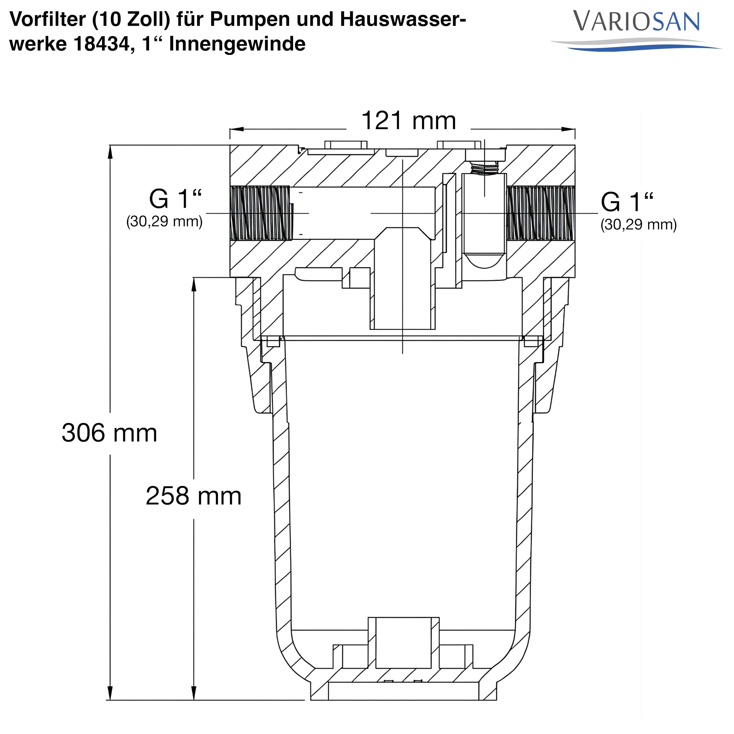 VARIOSAN Prefiltro (10 pulgadas) para bombas y plantas de agua doméstica 18434, rosca interior de 1", 8 bar, caudal de 6000 l/h, ancho de malla de 0,06 mm