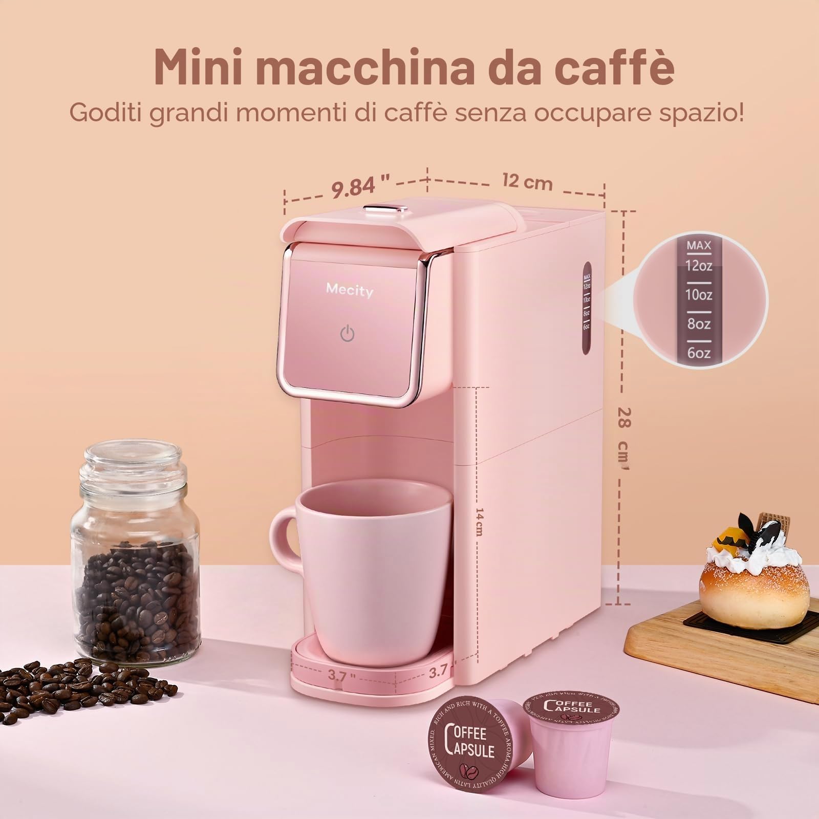 Mecity - Macchina da caffè piccola compatibile con capsula K-CP, caffè macinato, tè sfuso, design compatto per uso domestico, camper, appartamento, spegnimento automatico, 120 V, 1000 W, colore rosa