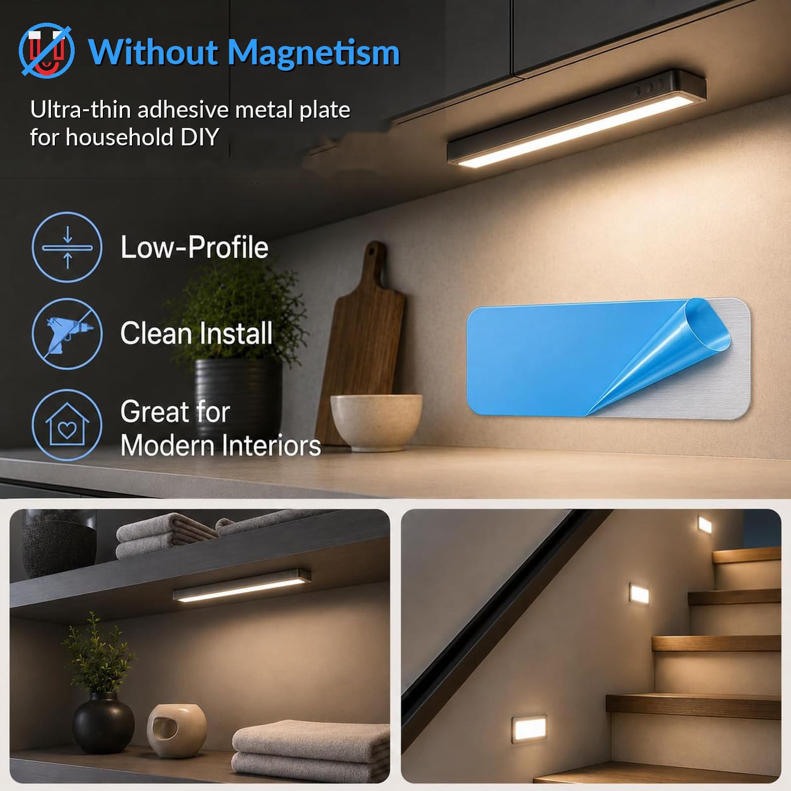 12pcs Under Cabinet Light Magnetic Strip, Replacement Magnetic Strips with Adhesive Backing for Rechargeable Motion Sensor Lights Wireless Under Counter Light in Kitchen Stairs Closet and Bedroom — Amazon image 7