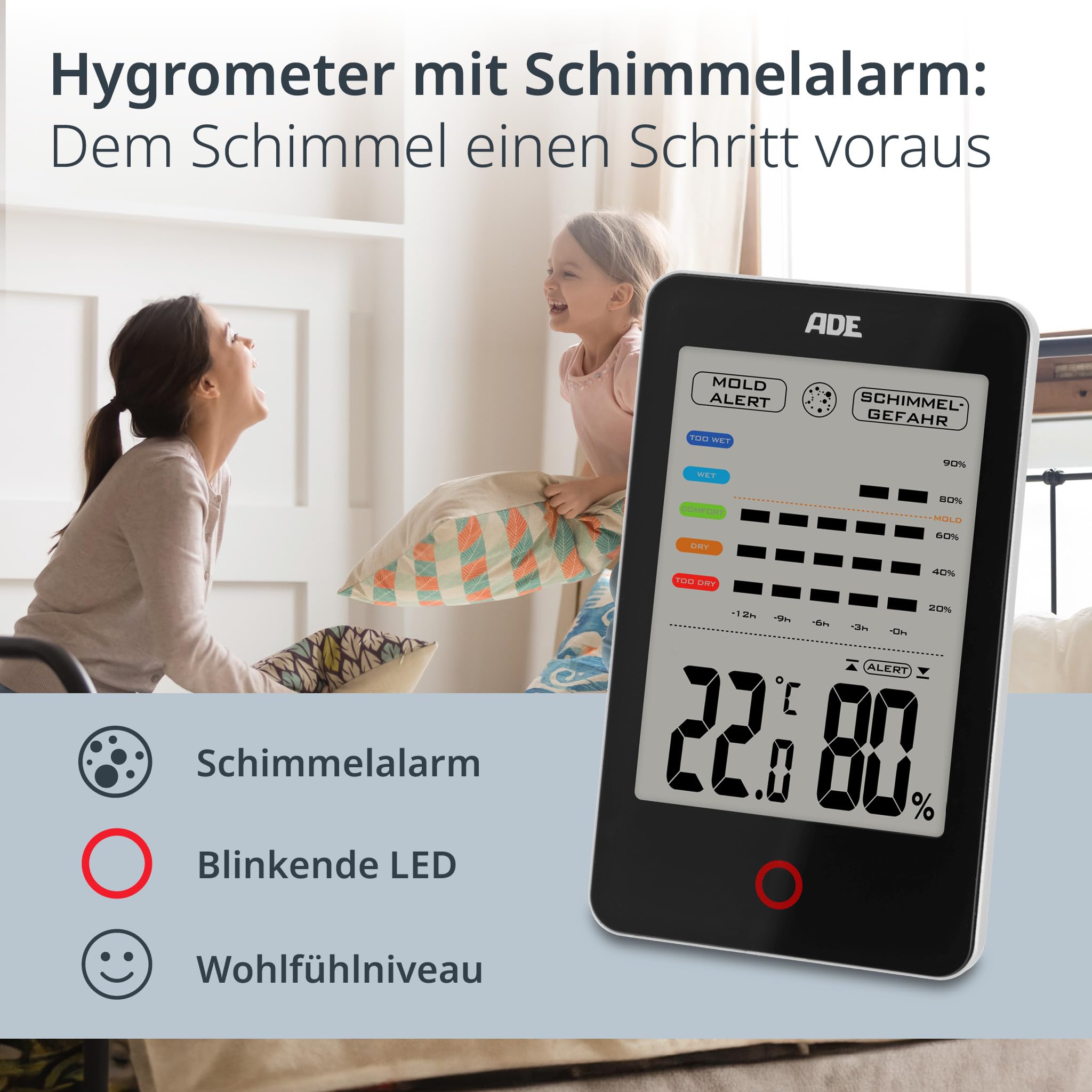 ADE Digitales Hygrometer innen mit Schimmelalarm | Feuchtigkeitsmessgerät mit Thermometer | Temperatur und Luftfeuchtigkeitsmesser | großes LCD-Display | Doppelpack | schwarz