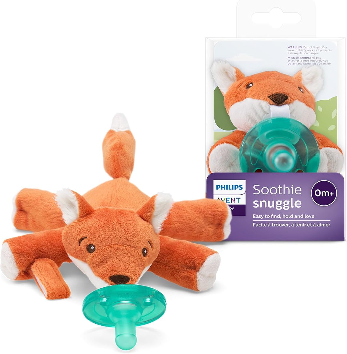 Philips Avent Soothie Snuggle Soporte para chupete con chupete desmontable, 0 m+ | Incluye juguete de peluche Fox lavable a máquina, sin BPA, chupete desmontable y apto para esterilizador SCF347/08