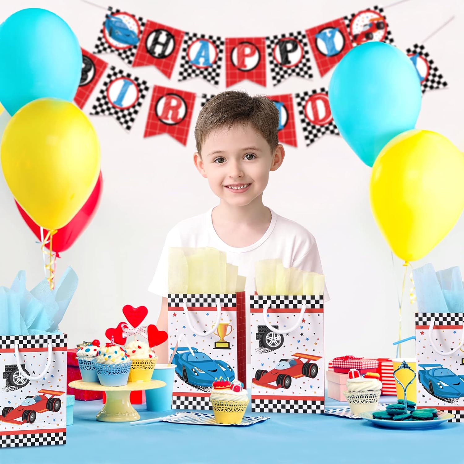 WERNNSAI Party Gift Bags - 16PCS Racing Car Birthday Party Supplies Goodie Candy Gifts Bags Party Treats Racing Car Storage Paper Bag with Handles for Boys Birthday Baby Shower Red