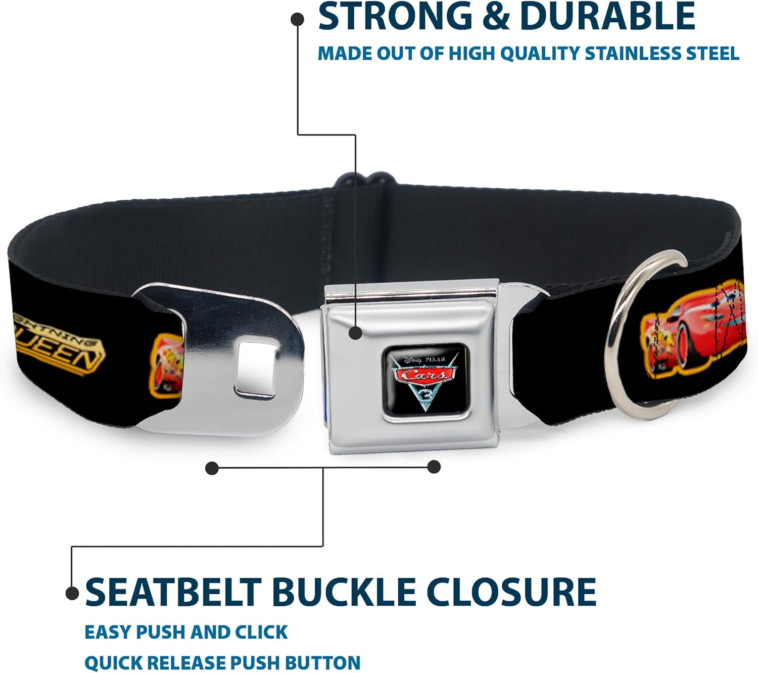 Buckle-Down DC-WDY357-S Seatbelt Dog Collar, Small, Cars 3 LIGHTNING MCQUEEN Pose/Bolt Black/Yellows