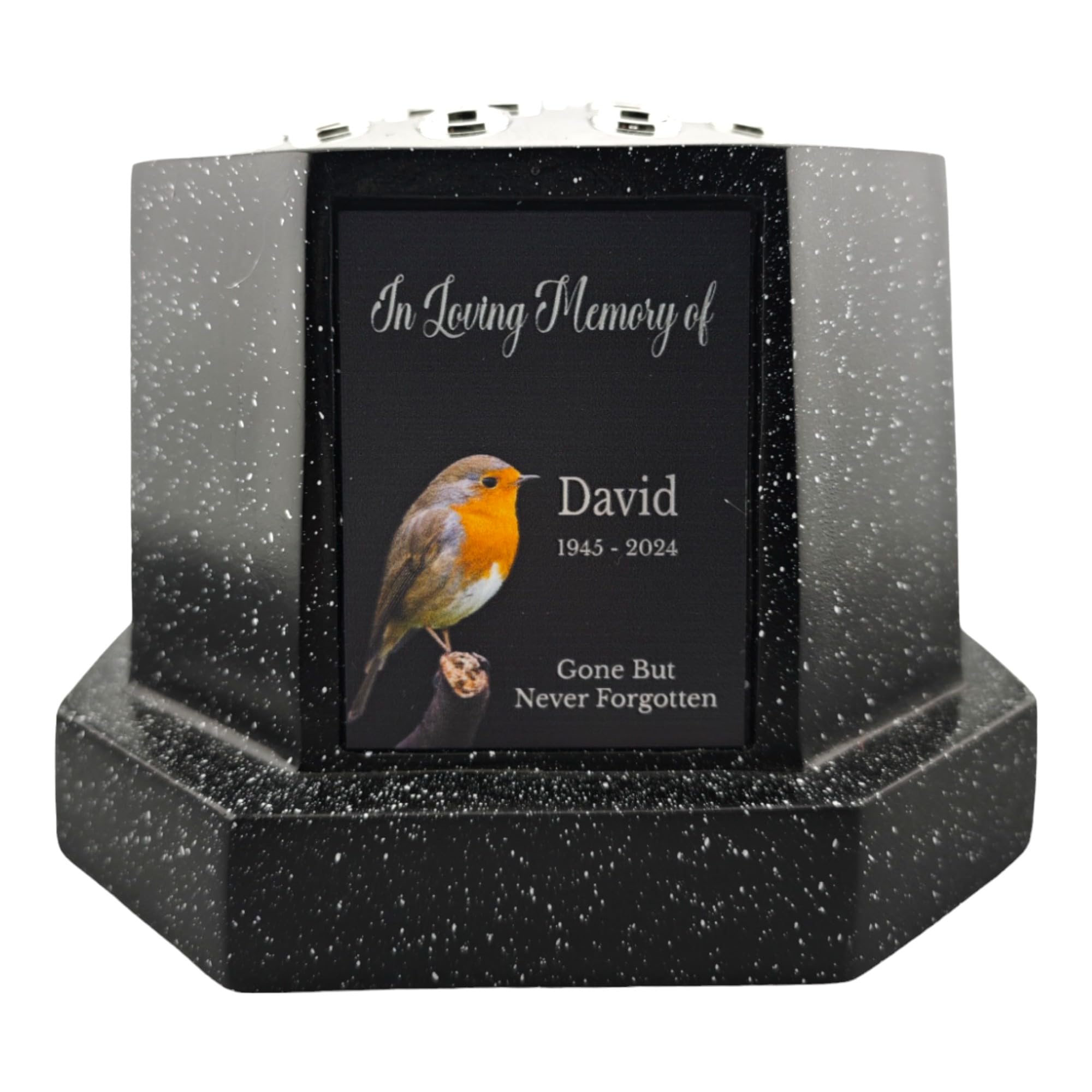 1stclassgifts [Custom] Personalised Printed Black Memorial Rose Bowl Grave Marker Flower Pot Vase Robin Design (UV PRINTED) (Silver Text)