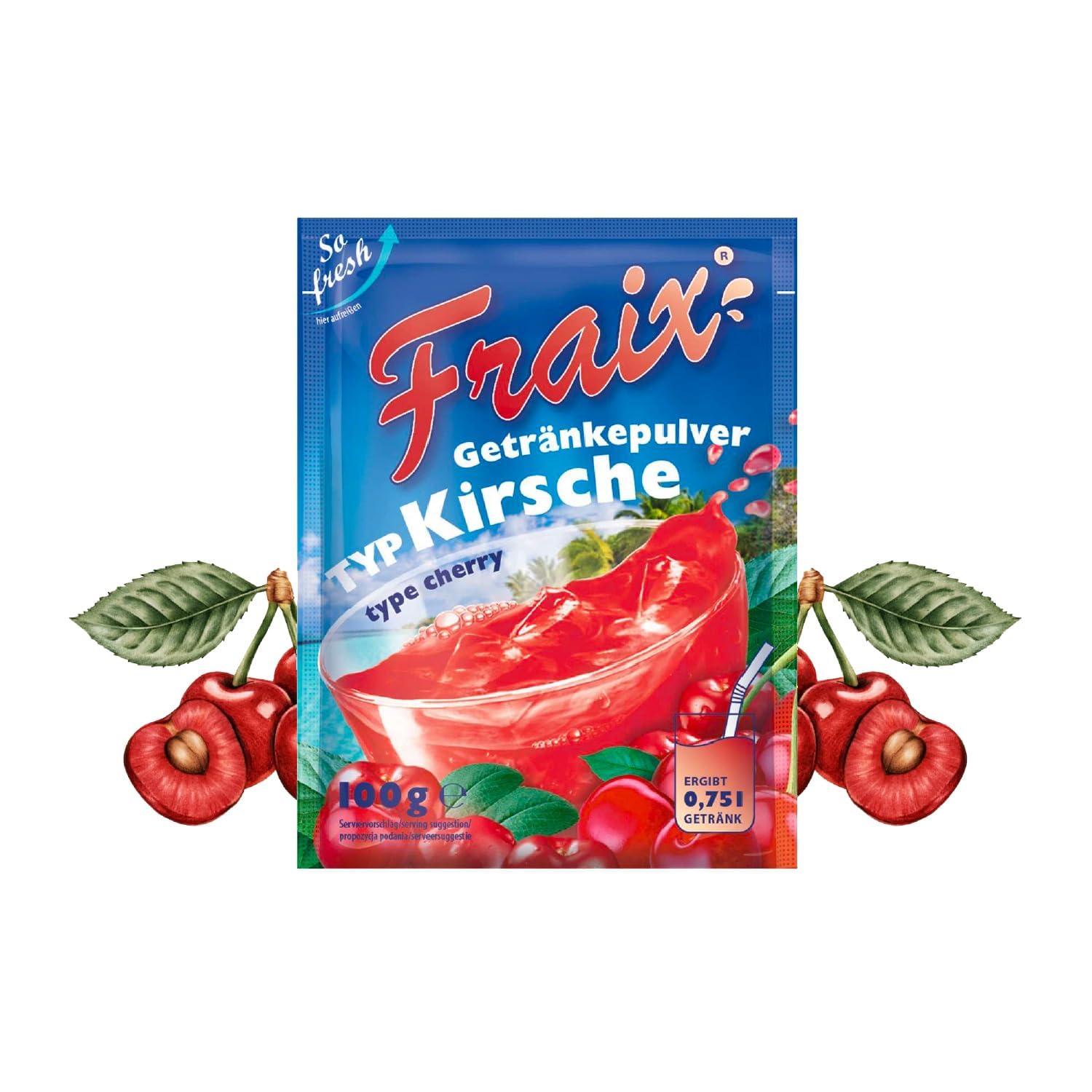 FRAIX Polvo para bebidas de cereza, paquete de 50 unidades (50 x 100 g), polvo instantáneo de frutas con sabor a cereza, polvo de fruta perfecto para viajes, fiestas de cumpleaños