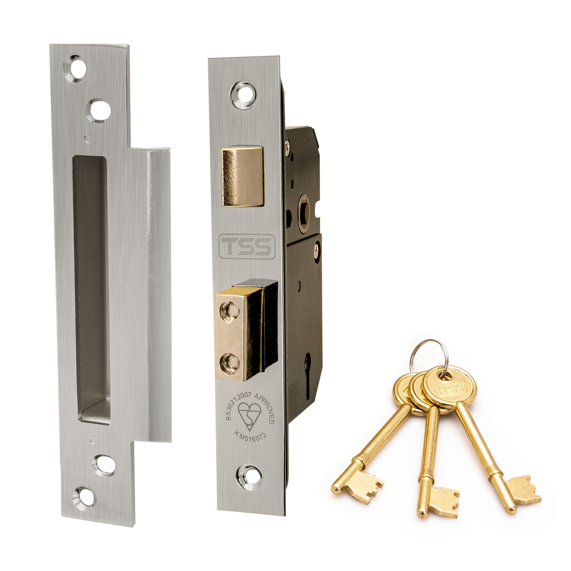 TSS British Standard Mortice Sash Lock Satin Chrome (Silver) 2.5" with 3 Keys and Fixings,Insurance Approved for External Doors, British Standard BS3621:2007