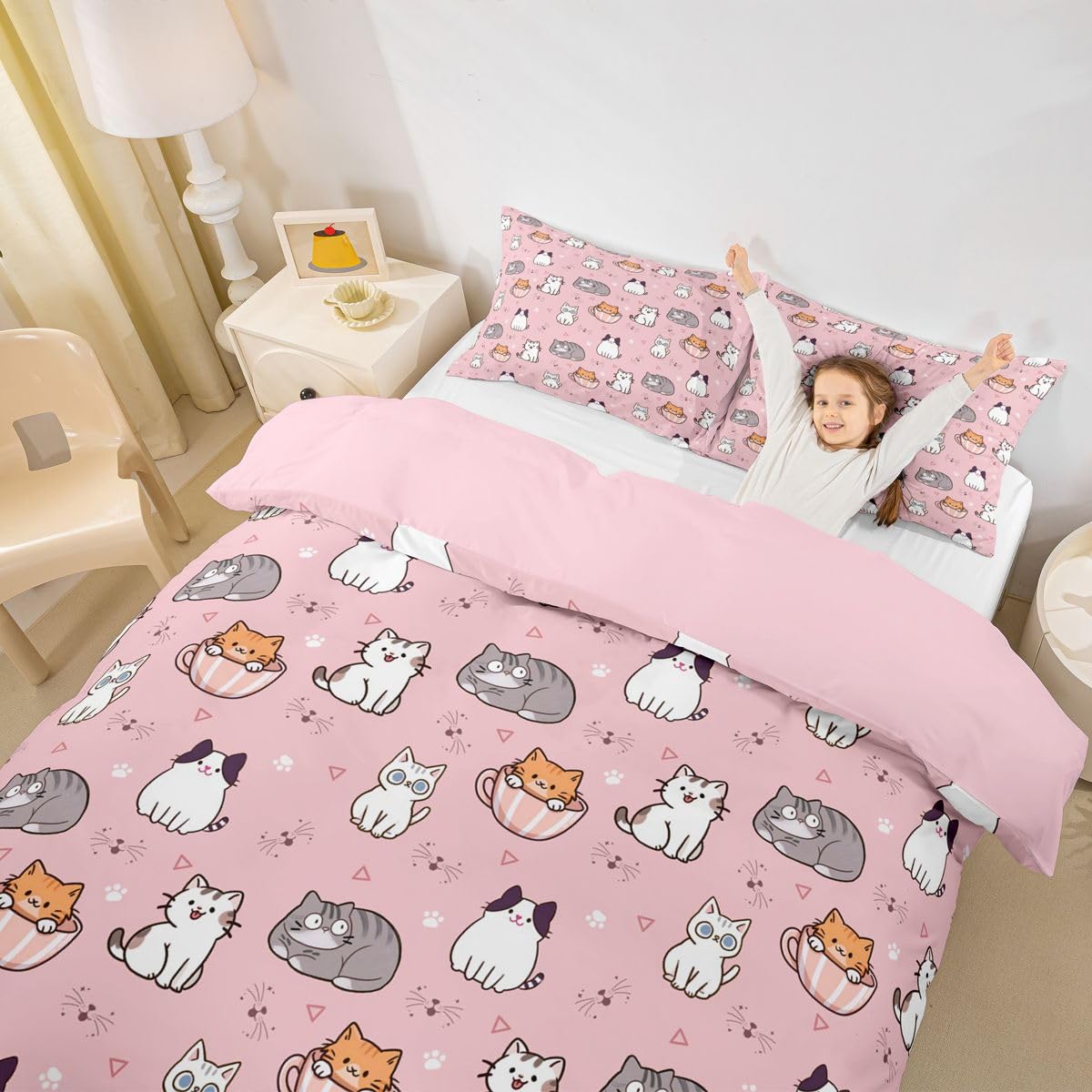 Loussiesd Kreskówkowy kot poszewka na kołdrę super king size zwierzę kreskówka dla chłopców dziewcząt kotek nadruk zestaw pościeli 3 szt. kawaii dekoracja pokoju oddychająca miękka lekka mikrofibra